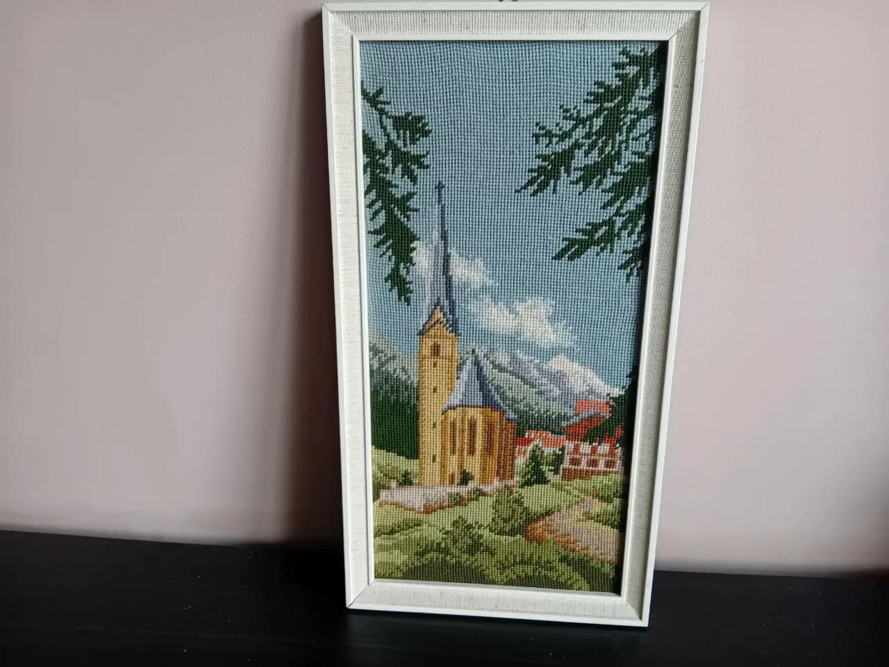 Vintage tapestry, Needlepoint Tapestry Landscape Wall Art, Framed Cross Stitch Village Scene - image 5