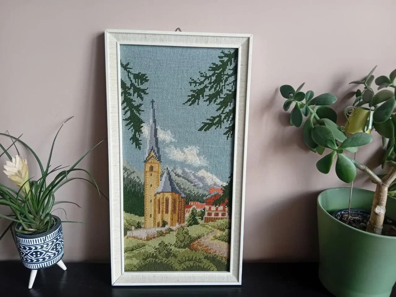 Vintage tapestry, Needlepoint Tapestry Landscape Wall Art, Framed Cross Stitch Village Scene