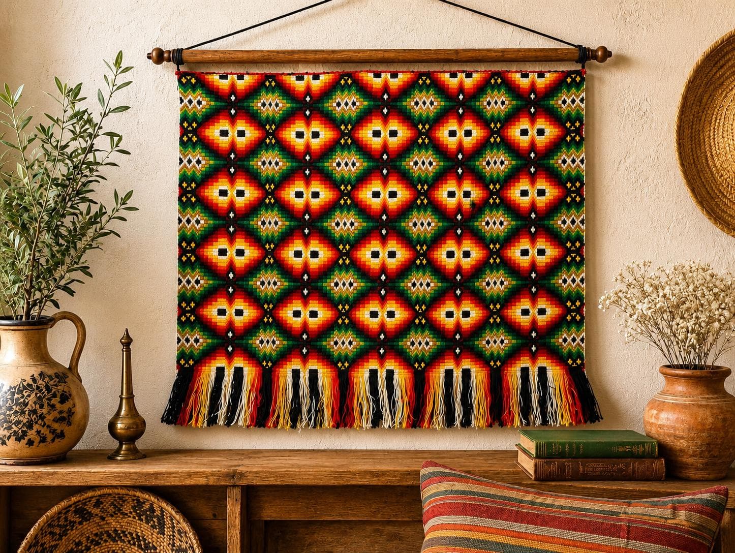 Vintage Wall Hanging Rug, Bulgarian Folk Art Cotton Embroidered Carpet