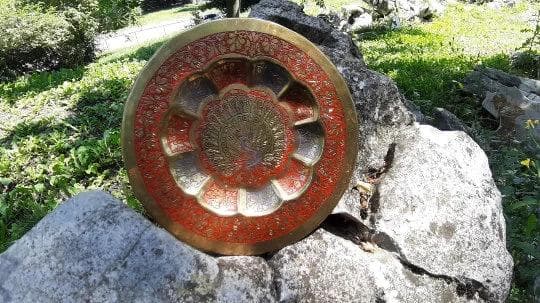 Vintage Enameled Brass Peacock Plate, Indian Wall Hanging