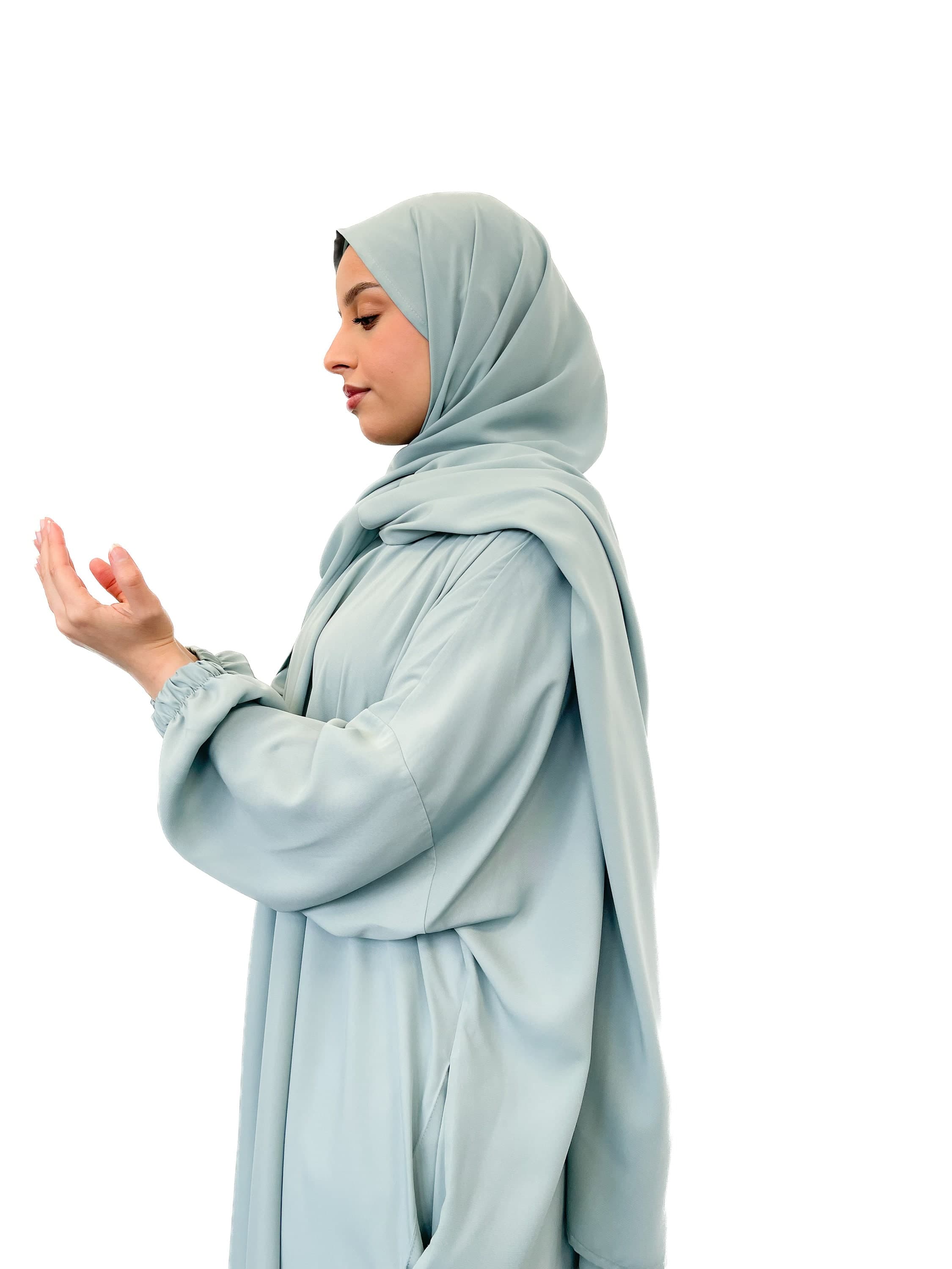 Mint Madina Silk Prayer Wear with Attached Hijab & Tote Bag- Abayas for petite girls