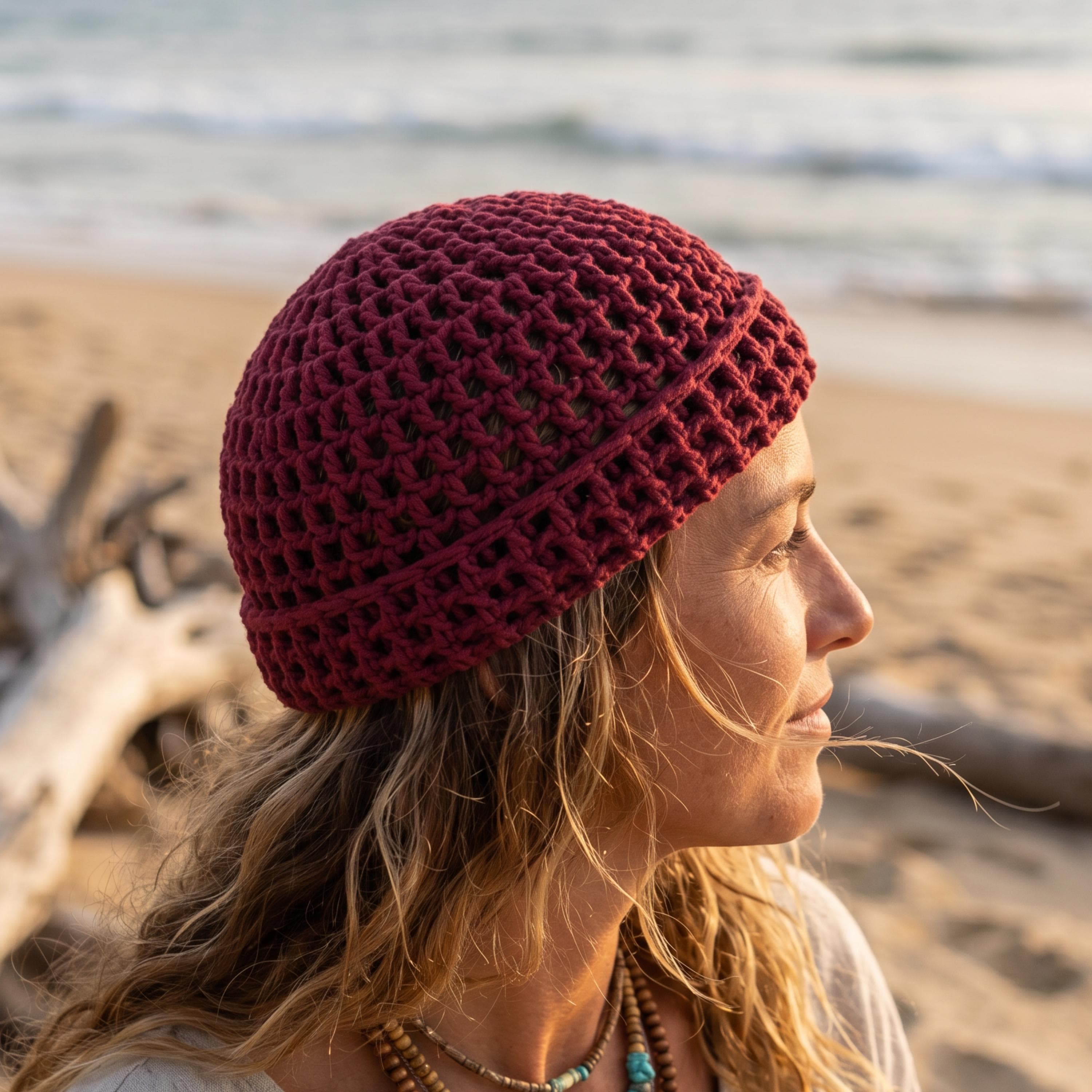 Boho Crochet Beanie Hat, Summer Mesh Cotton Skull Cap, Hippie Festival Hat, Fisherman Docker Beanie, Beach Hat, Unisex Style - image 3