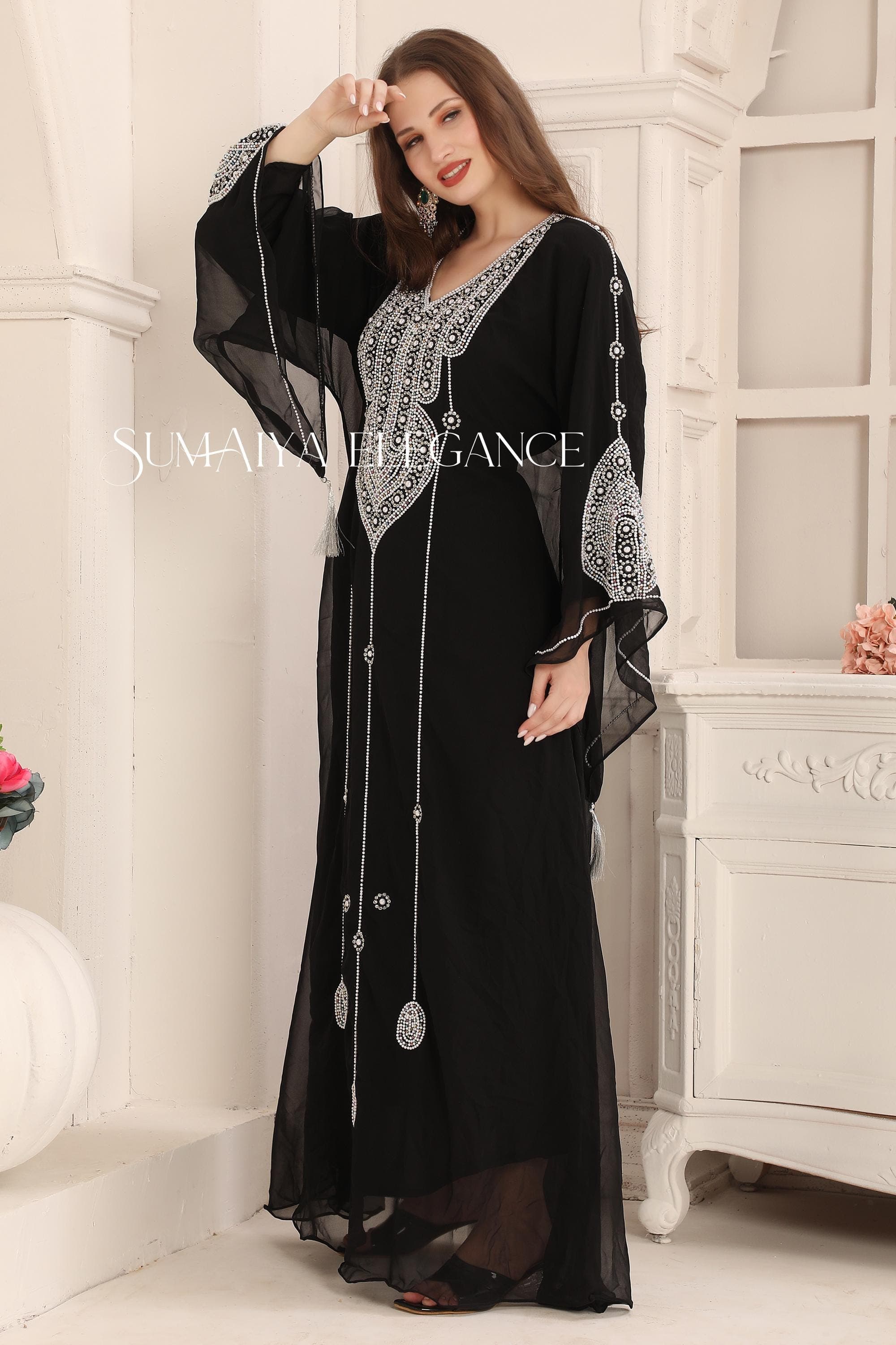Hand Beaded Kaftan Abaya Gown with Scarf - image 5