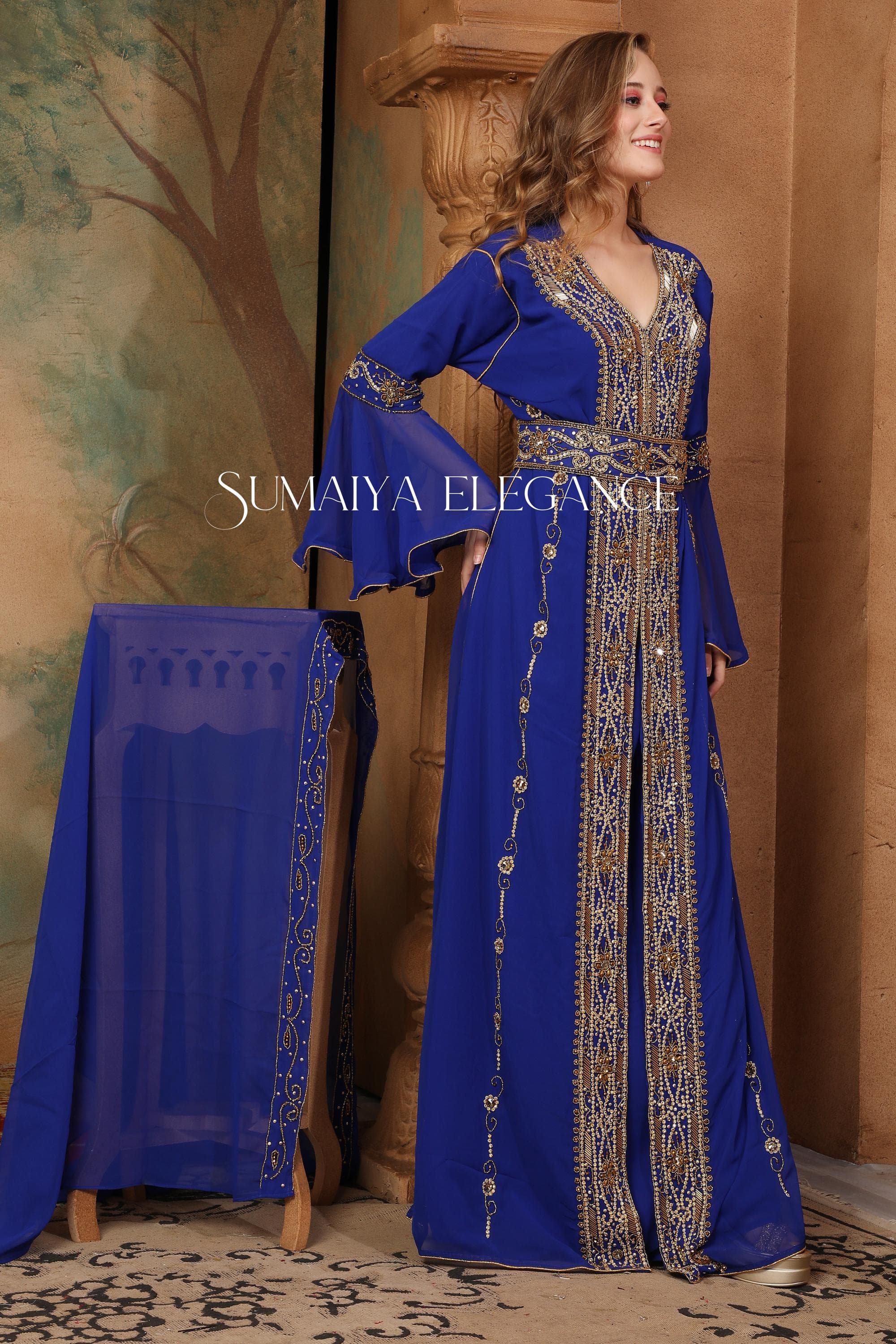 Hand Beaded Moroccan Caftan, Dubai Georgette Abaya Dress with Scarf - image 5