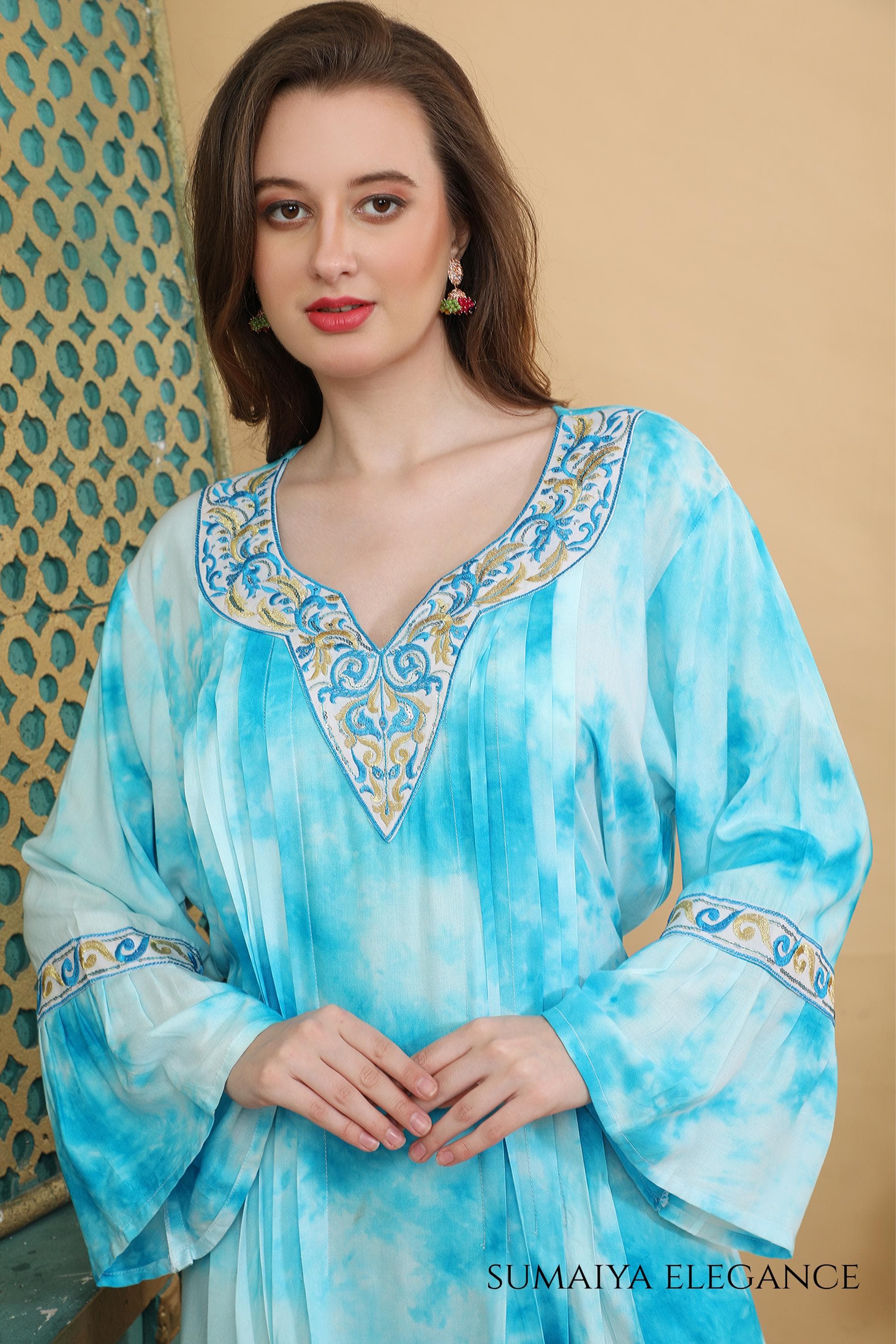Tie Dye Kaftan Dress, Embroidered V Neck Farasha, Flowy Bell Sleeve Maxi Dress - image 5