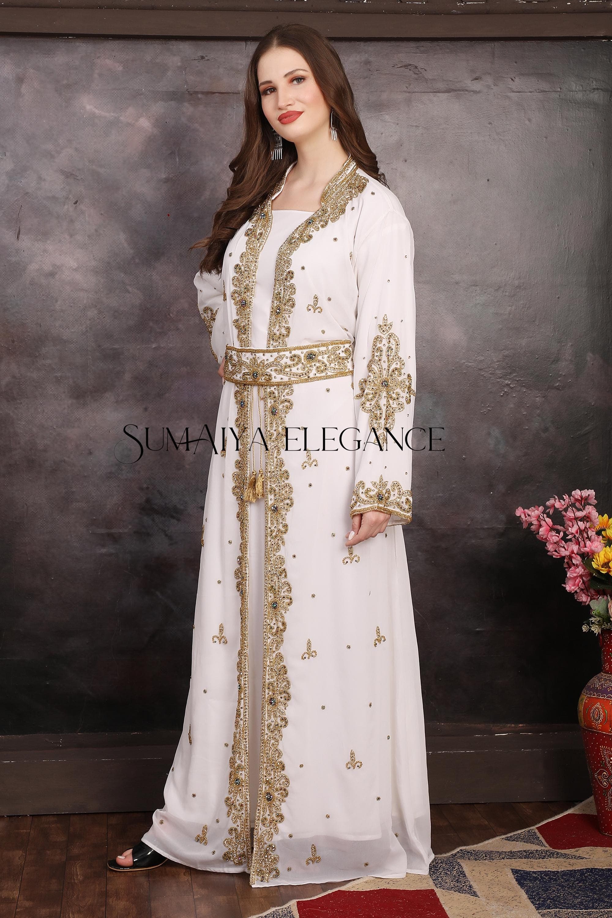 Elegant White and Gold Moroccan Kaftan, Embellished Arabic Nikkah Wedding Dress With Belt & Scarf, Eid Outfit - image 4