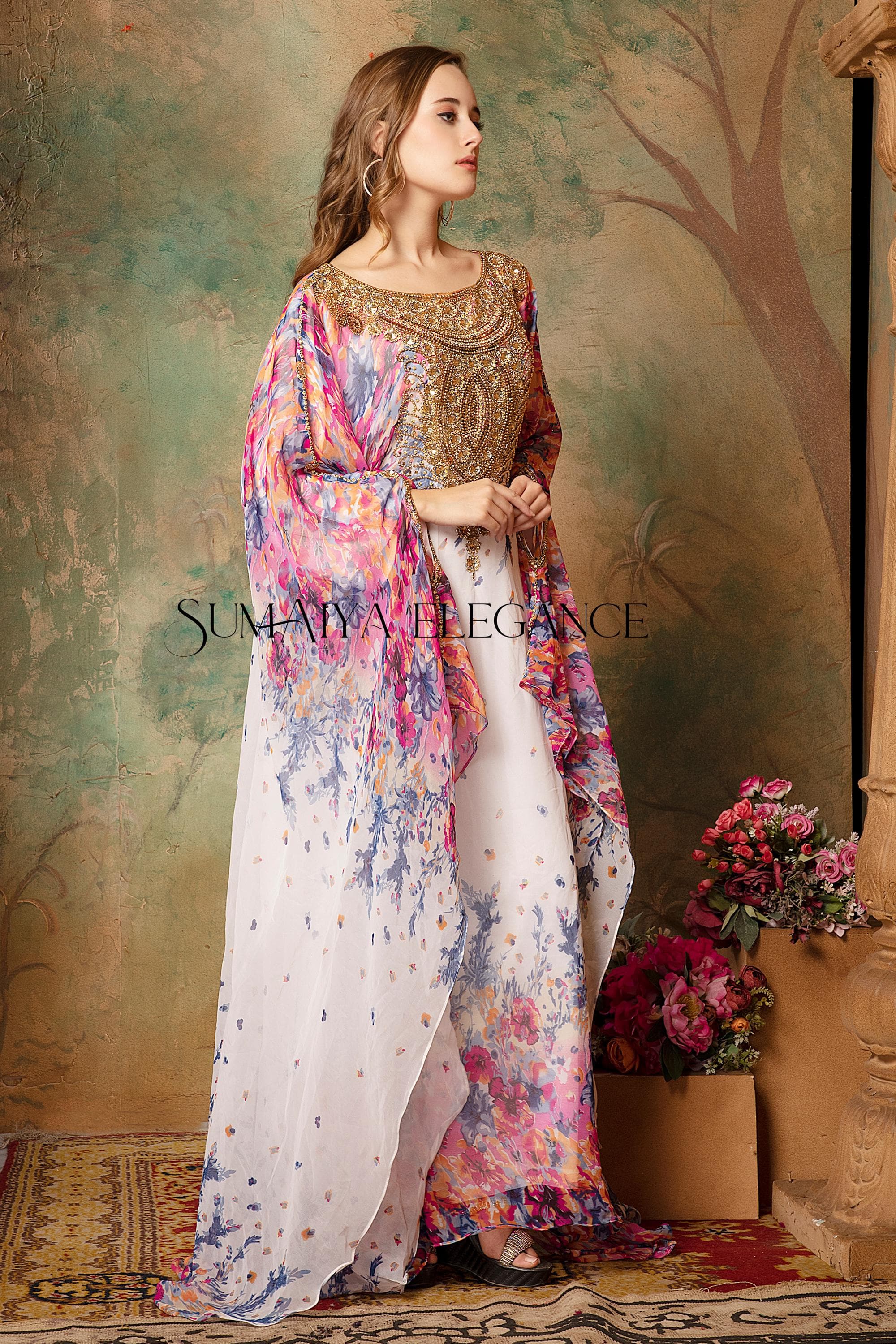 Hand-Beaded Georgette Kaftan Dress with Scarf - image 5