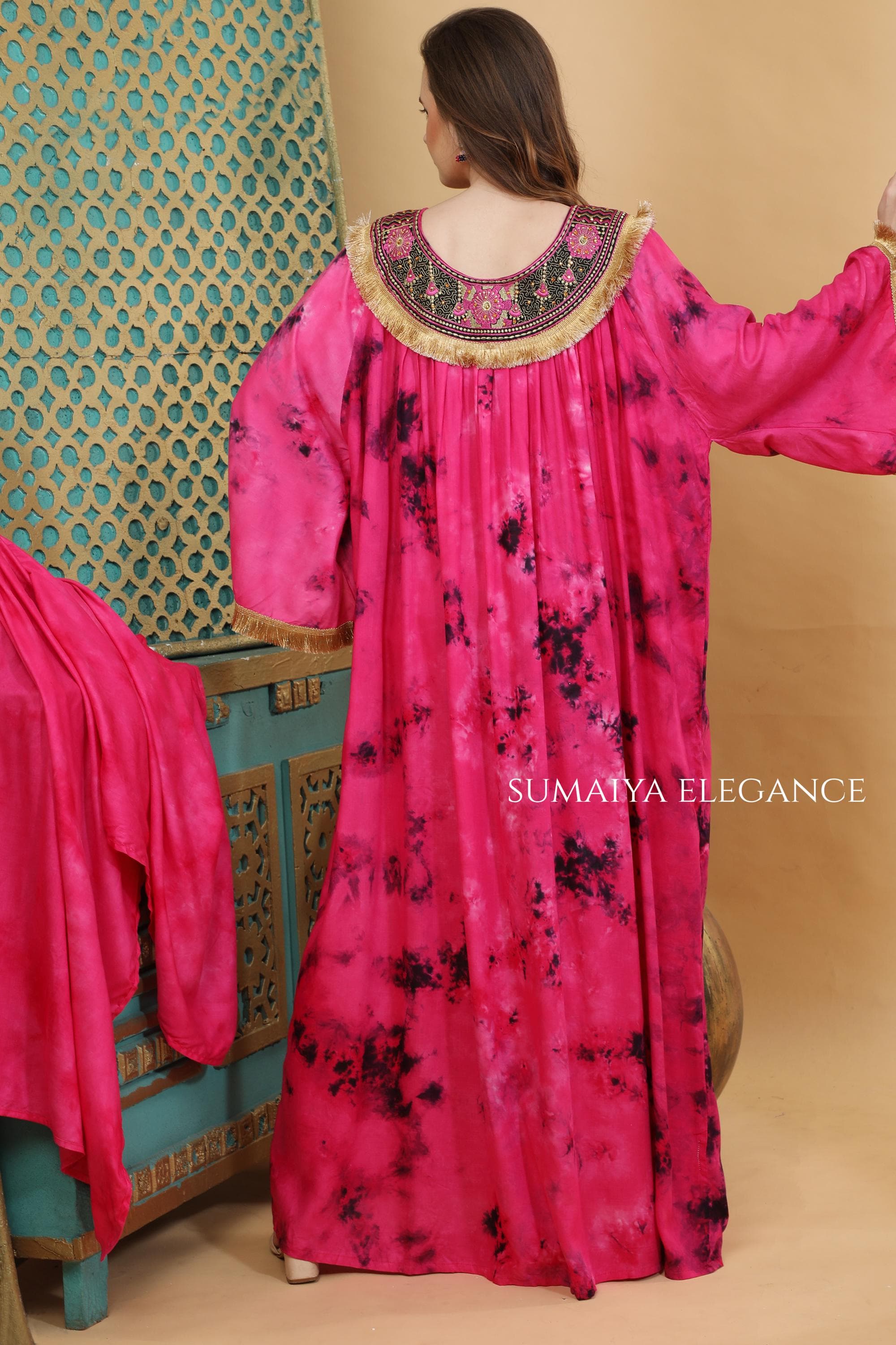 Embroidered Kaftan Dress, Round Neck Farasha, Flowy Maxi Kaftan, Fringe Detail Bell Sleeve Dress, Elegant Modest Wear - image 5