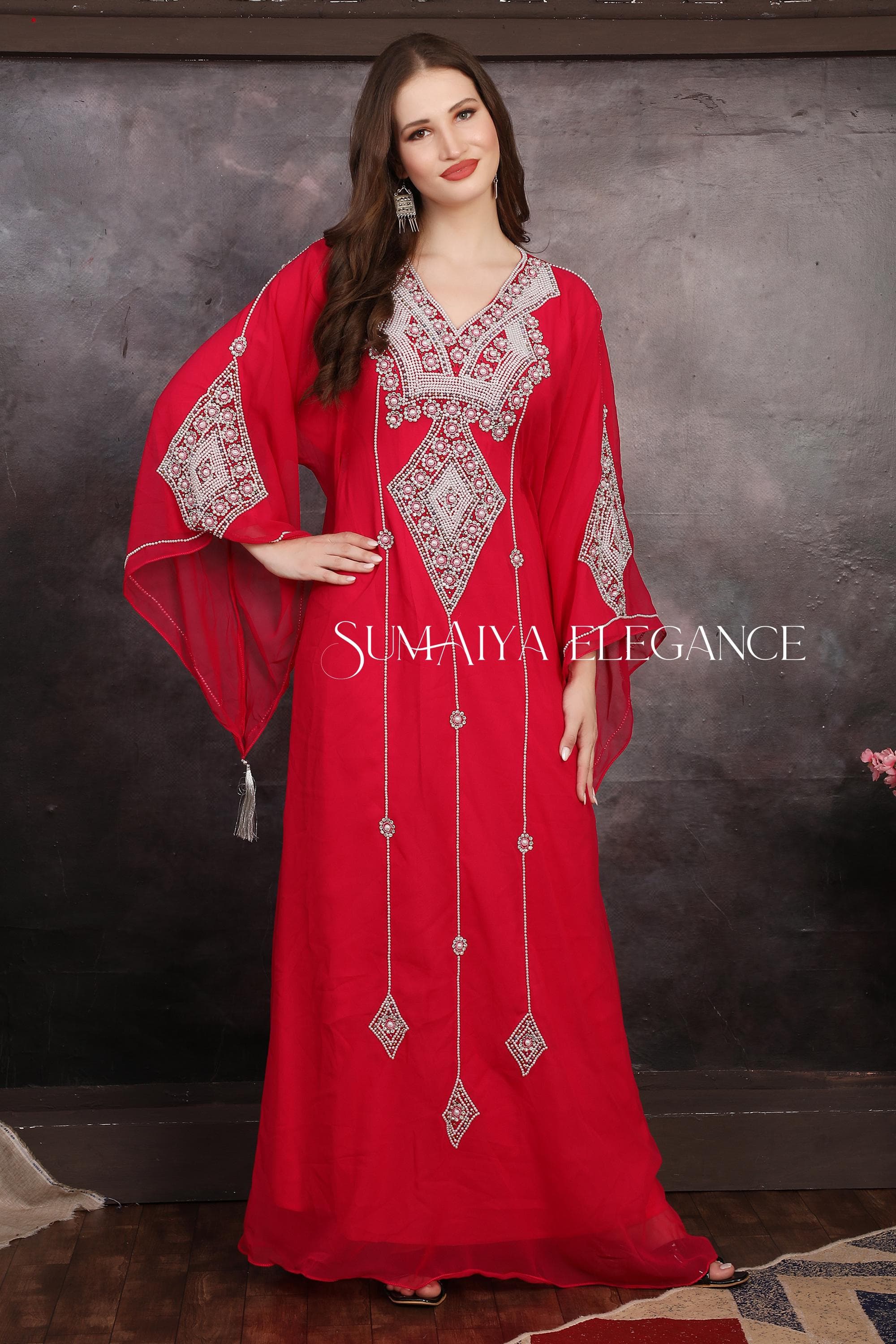 Hand Beaded Moroccan Kaftan Dress, Dubai Abaya with Scarf