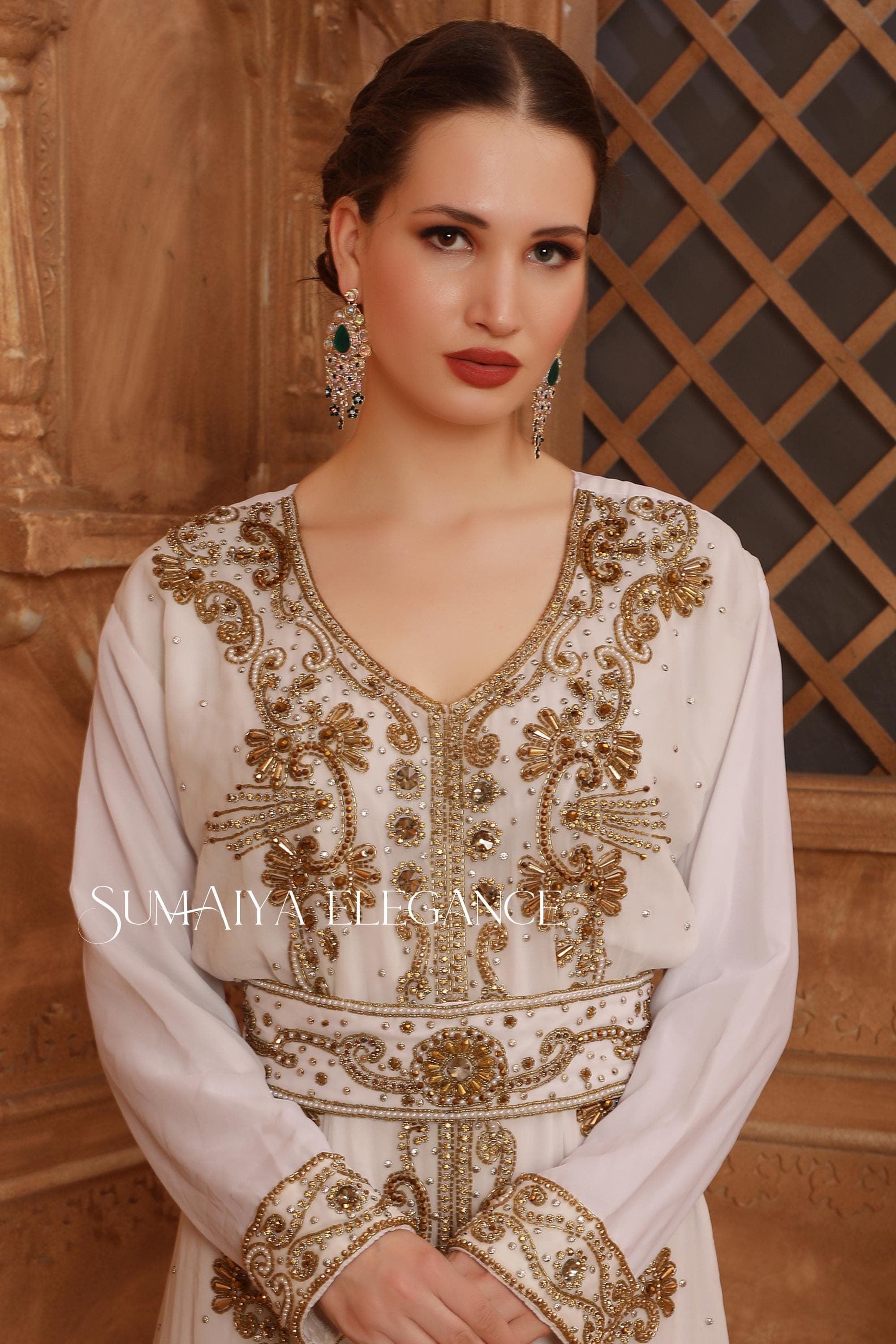 Moroccan Georgette Kaftan Abaya with Golden Beads, Arabic Wedding Farasha with Scarf - image 3