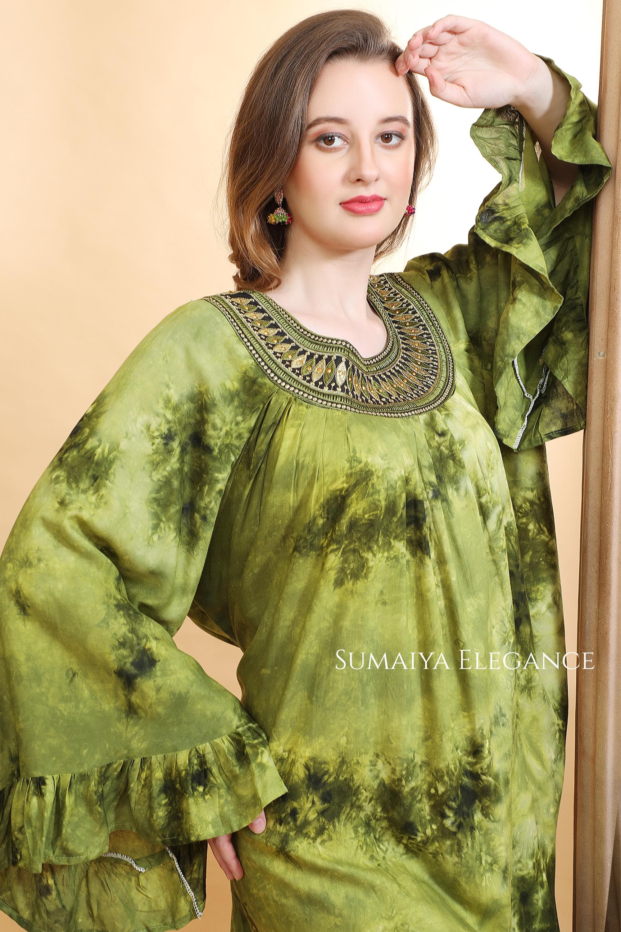 Handmade Long Caftan Set | Embellished Neckline Moroccan Abaya | Elegant Ruffle Sleeve Evening Resort Wear - image 5