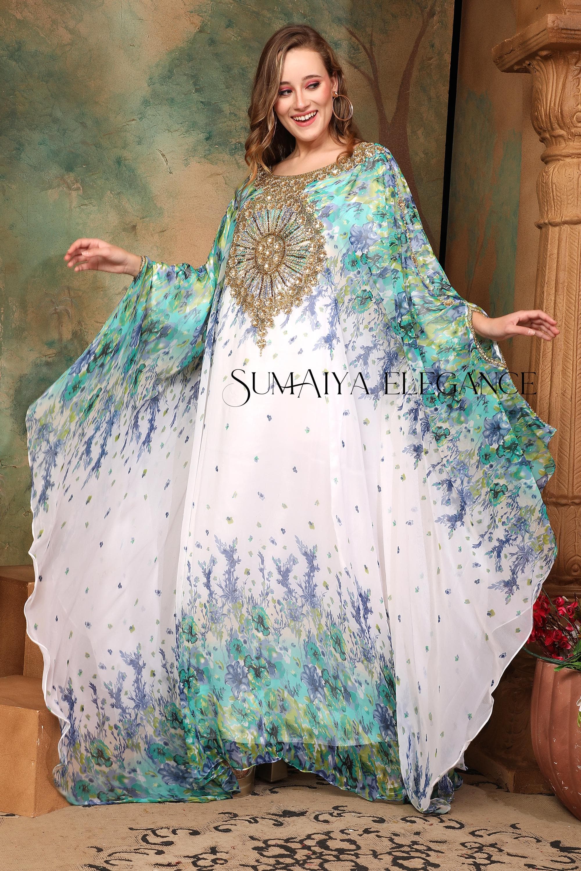 Hand Beaded Moroccan Kaftan Abaya Dress with Scarf - image 4