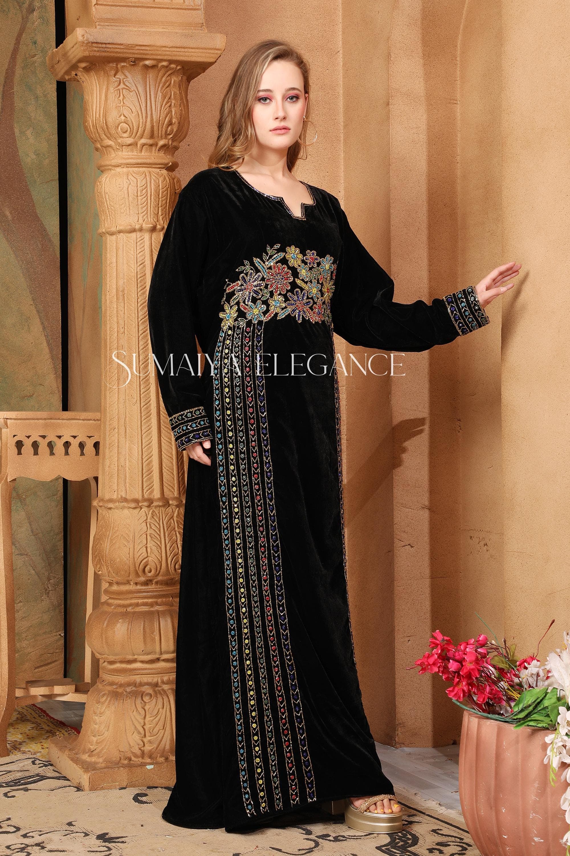 Embroidered Velvet Caftan Gown: Moroccan Abaya, Arabic Party Dress - image 5