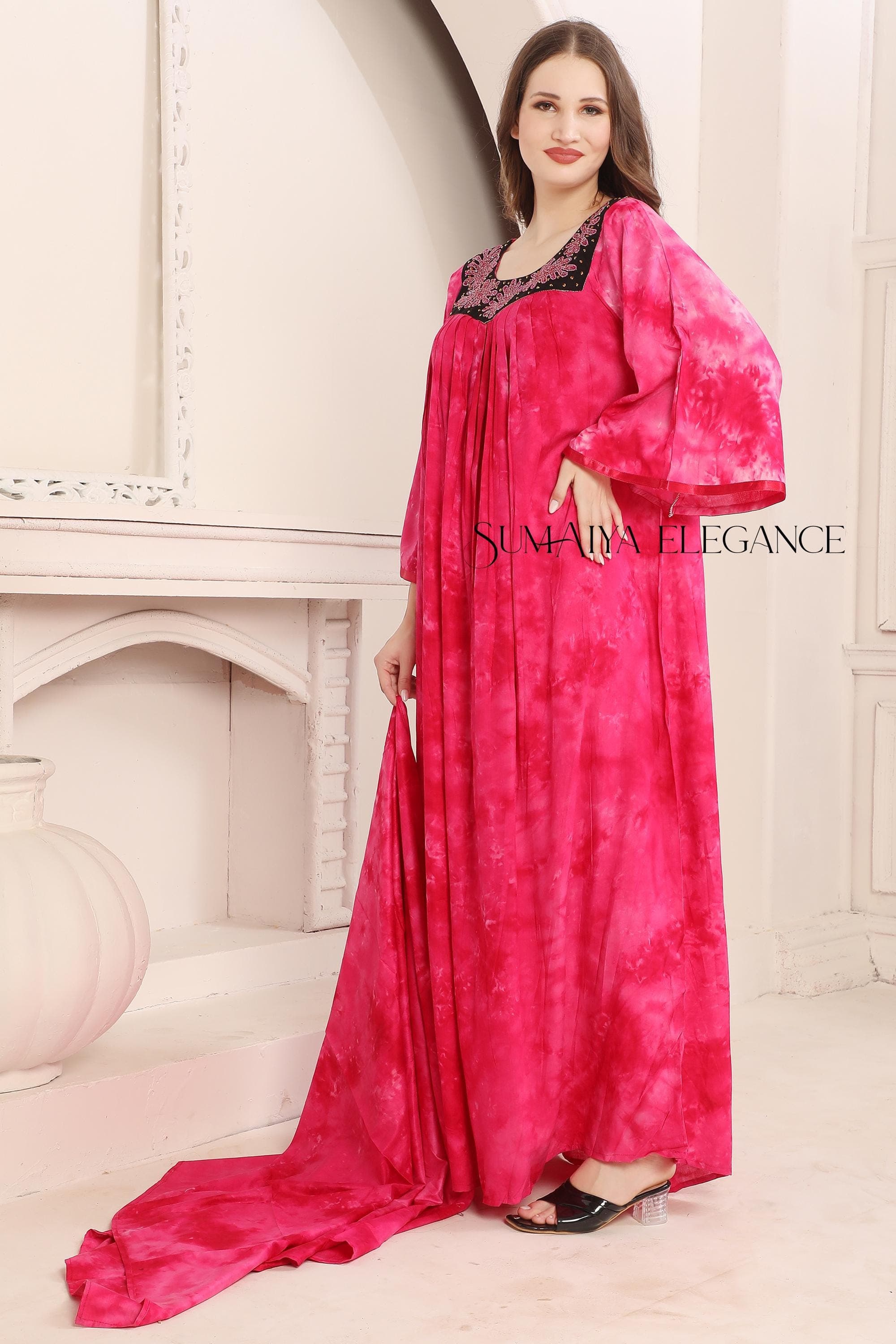 Handmade Tie Dye Kaftan Dress: Embroidered Neckline, Matching Scarf - image 3