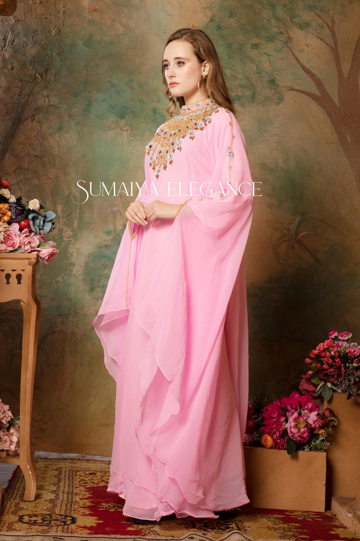 Hand Beaded Georgette Kaftan Maxi Gown with Scarf - image 4