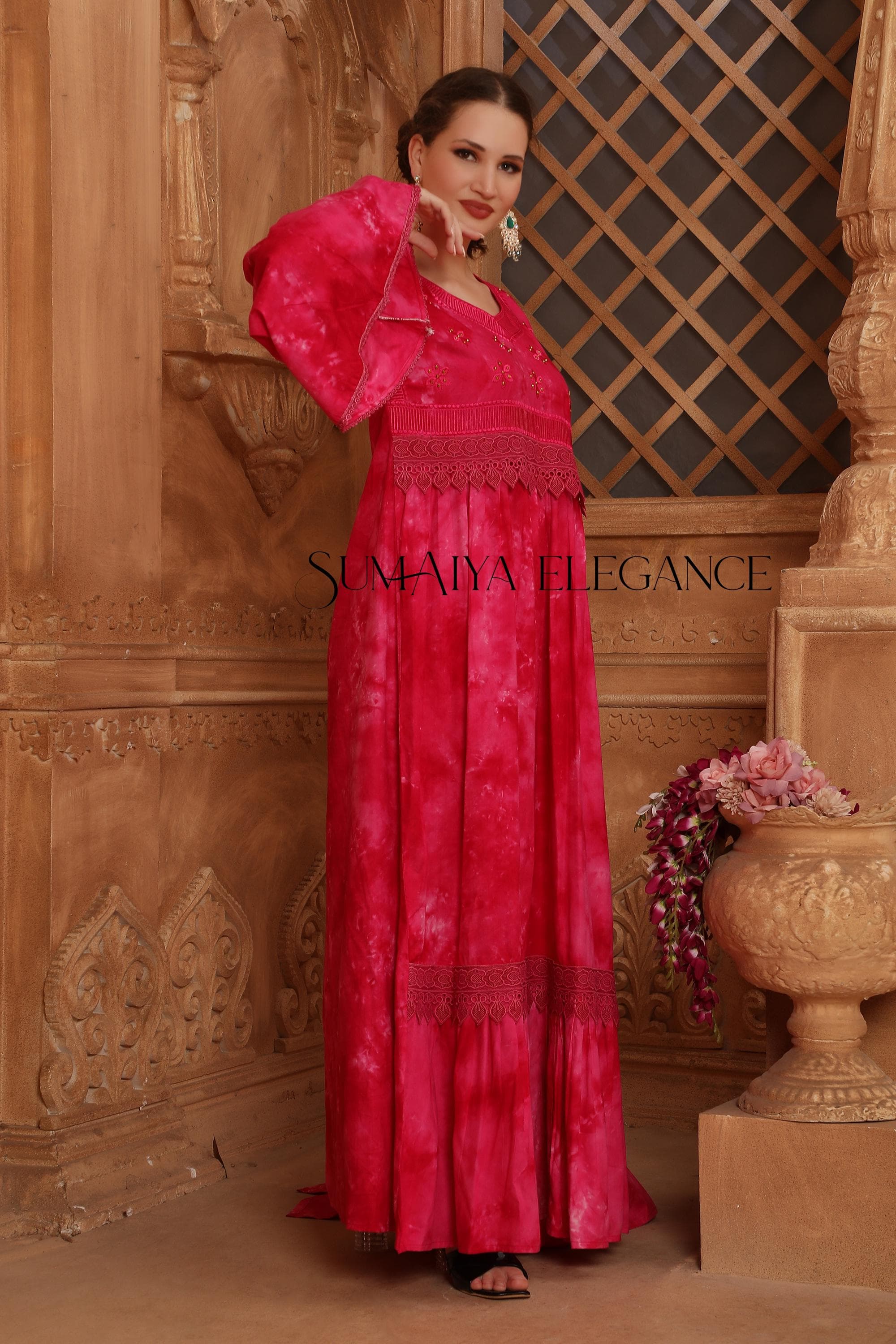 Embroidered Dubai Kaftan Abaya with Scarf, Flared Lace Sleeve Maxi Dress - image 5