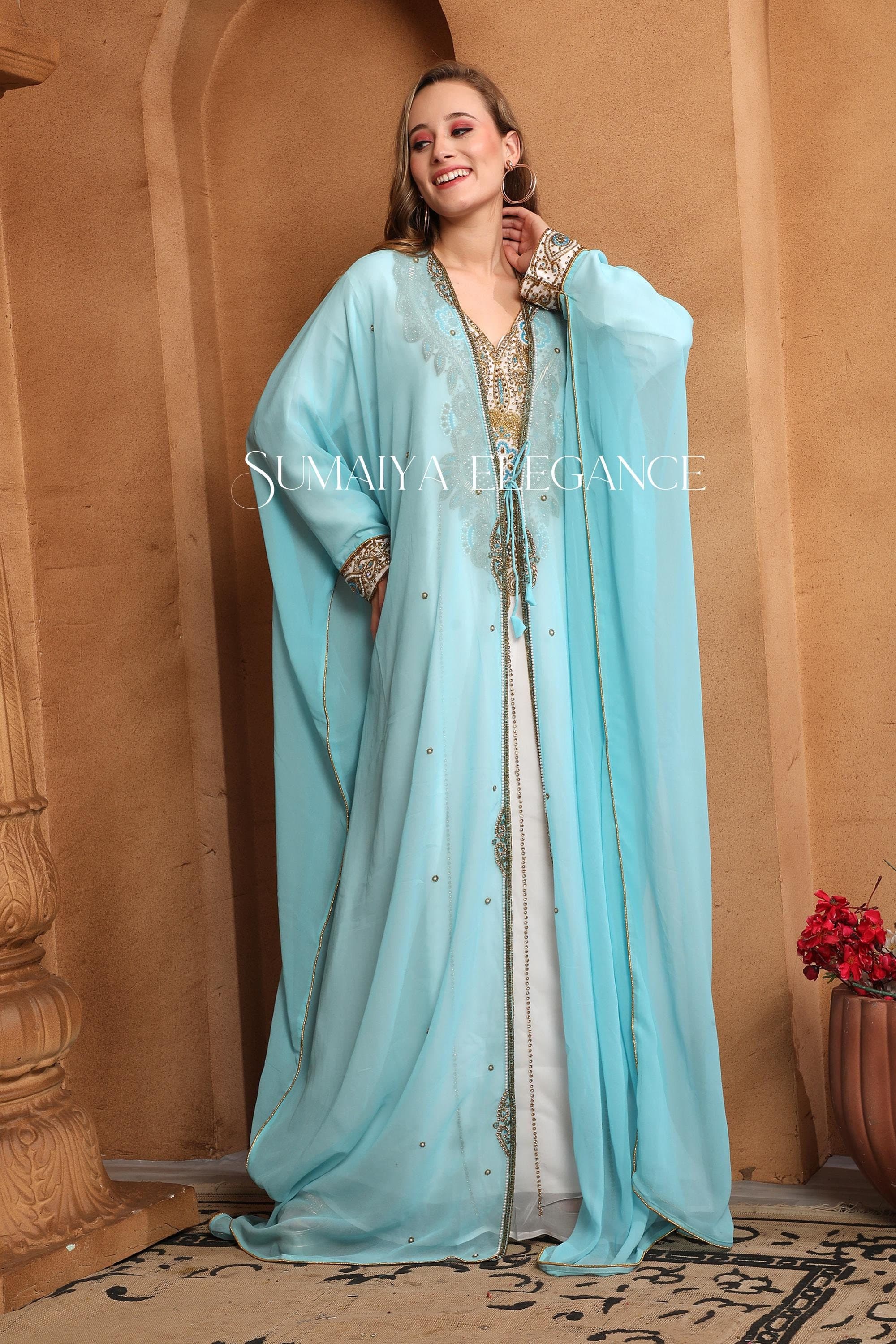 Umarah Inner Jacket Caftan, Dubai Moroccan Kaftan Hand Beaded Party Wear Wedding Arabic Abaya Stylish Long Gown Very Fancy Dress for Women