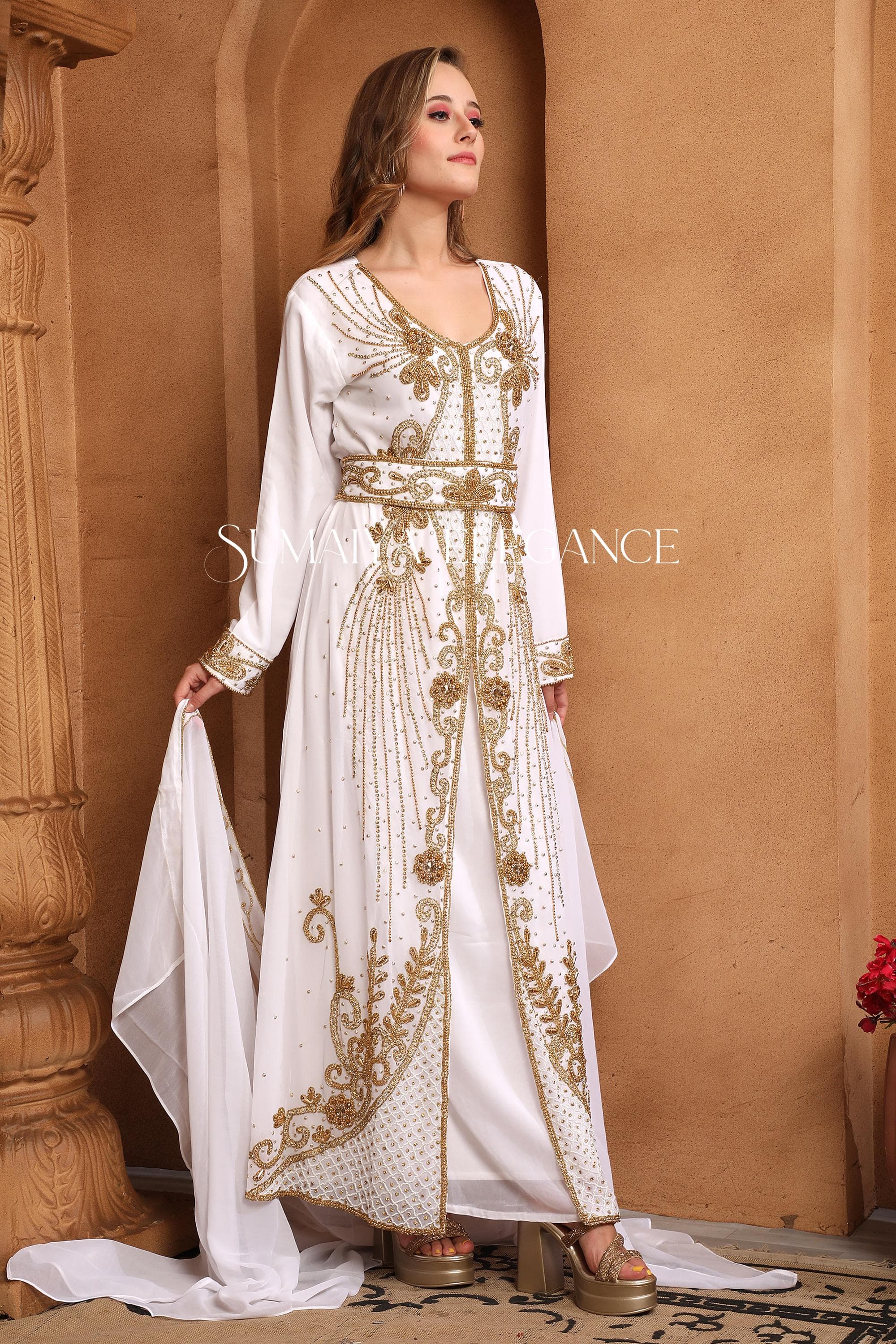 Golden Beaded Georgette Kaftan with Scarf - Moroccan Takchita Dress - image 4