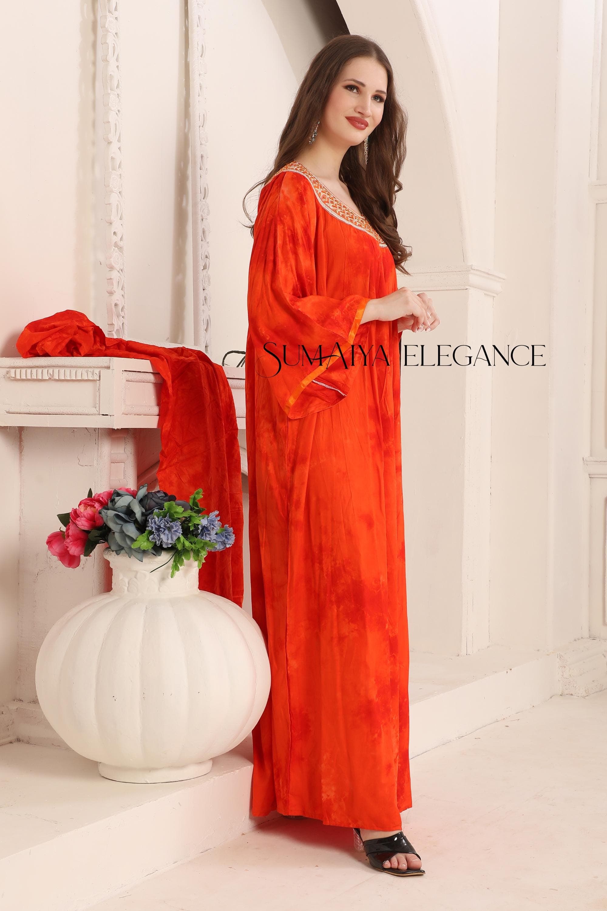 Hand Embroidered Rayon Cotton Kaftan Dress with Scarf - image 4