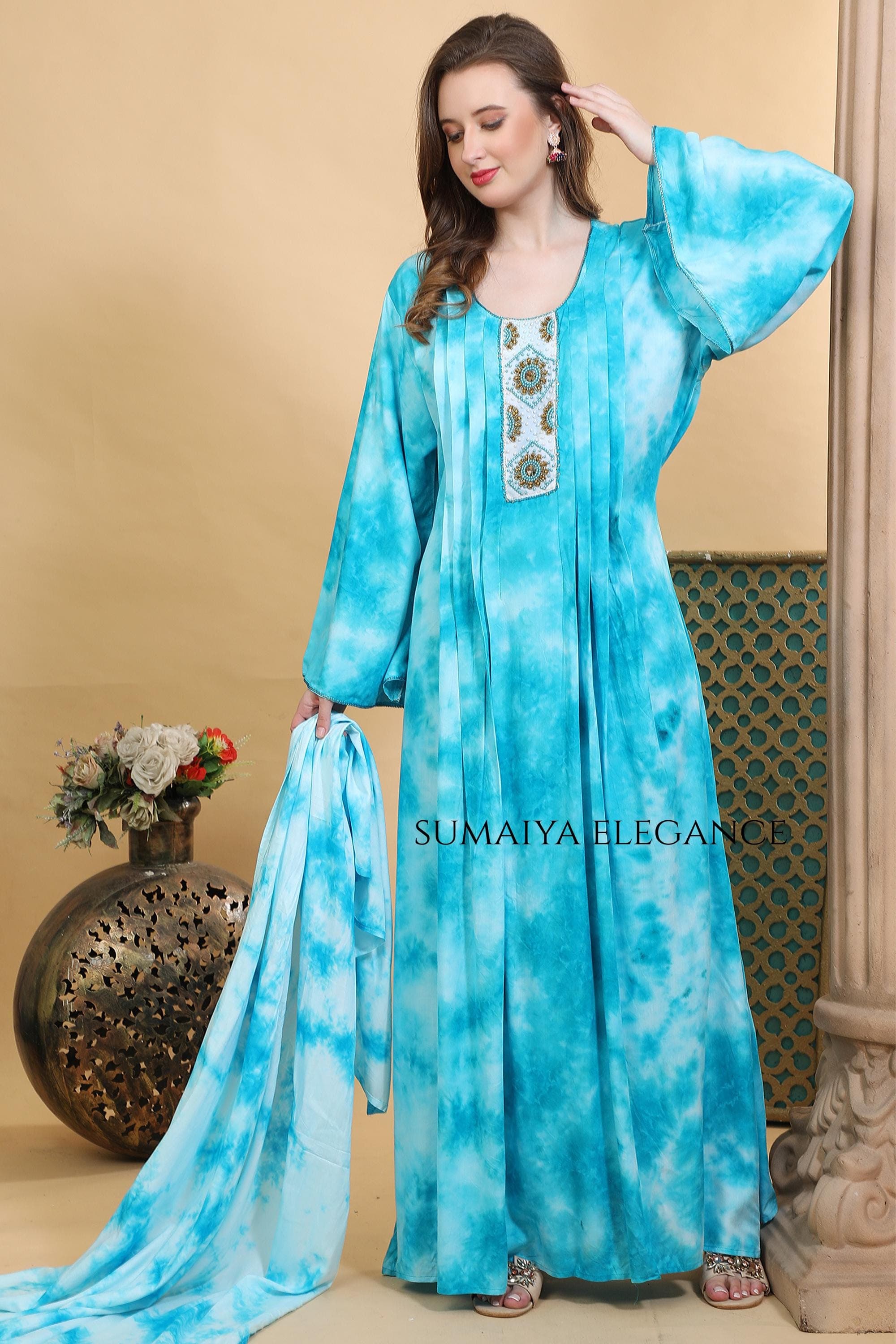 Premium Women’s Kaftan Maxi Dress with Detailed Neckline | Relaxed Fit Lounge Dress | Elegant Modest Wear