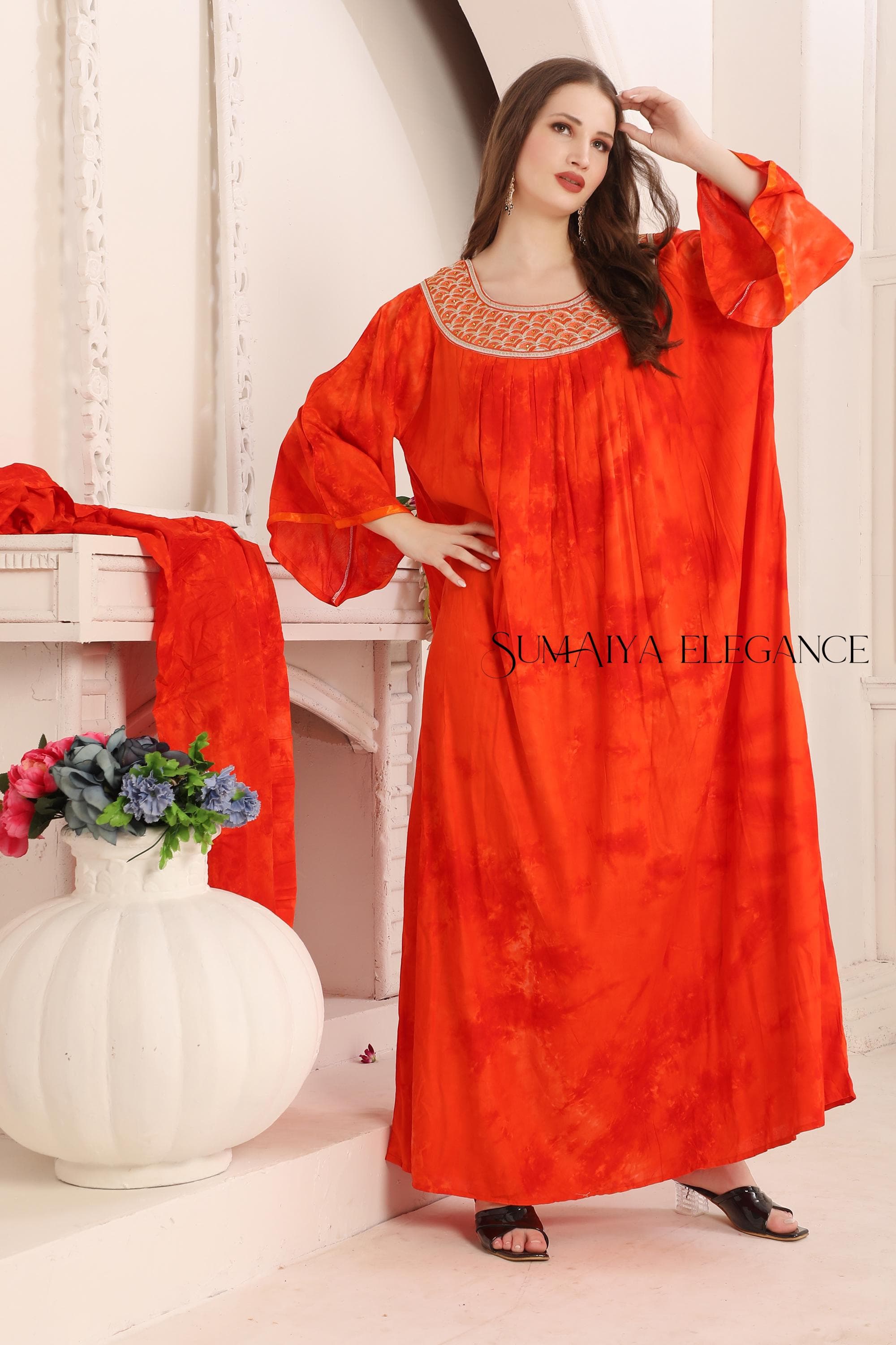 Hand Embroidered Rayon Cotton Kaftan Dress with Scarf