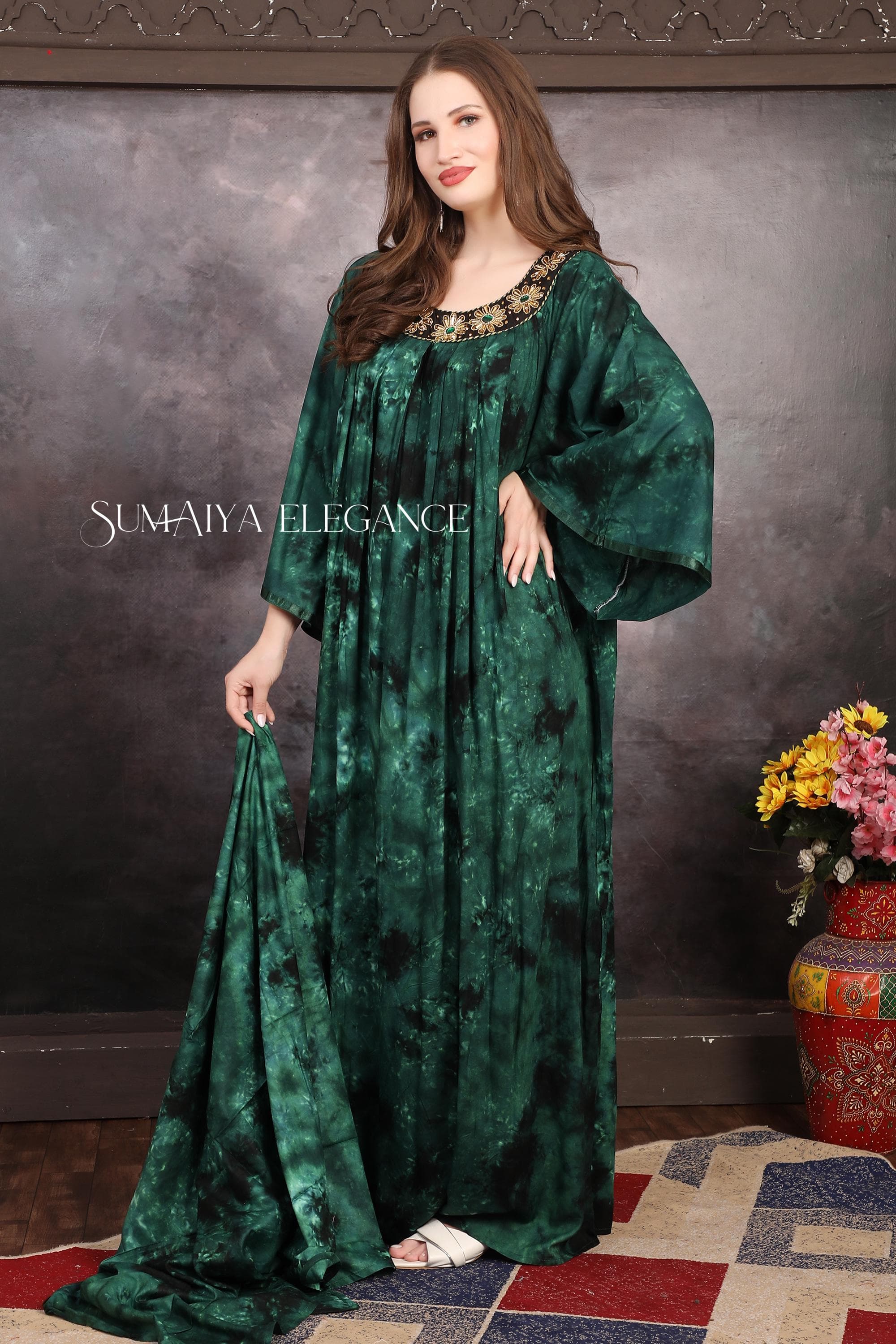 Luxury Handmade Abaya Dubai Tie Dye Kaftan Dress with Embroidered Neckline Floor Length Modest African Maxi Party Wear Wedding Beach Dress - image 4