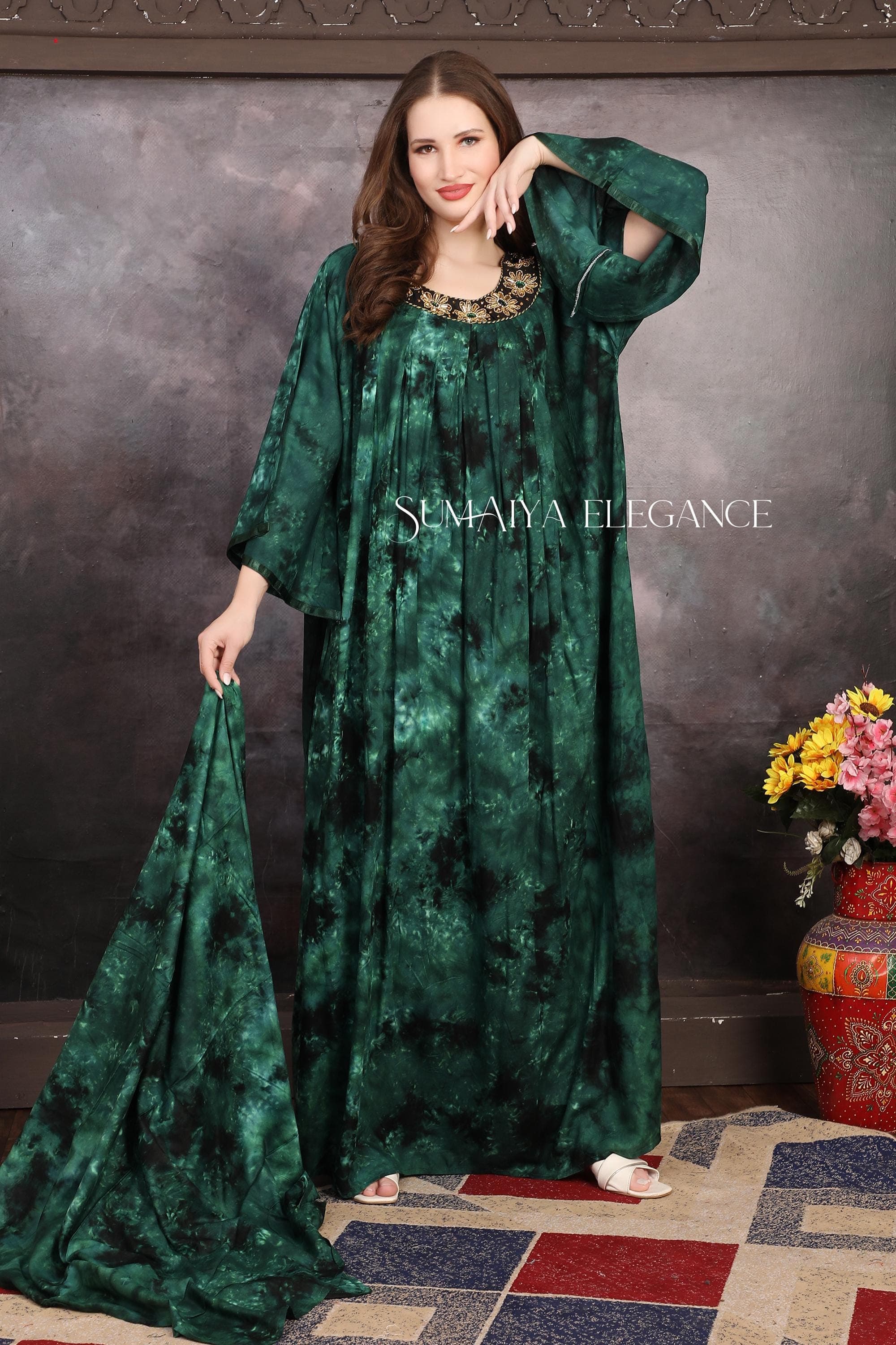 Luxury Handmade Abaya Dubai Tie Dye Kaftan Dress with Embroidered Neckline Floor Length Modest African Maxi Party Wear Wedding Beach Dress - image 3