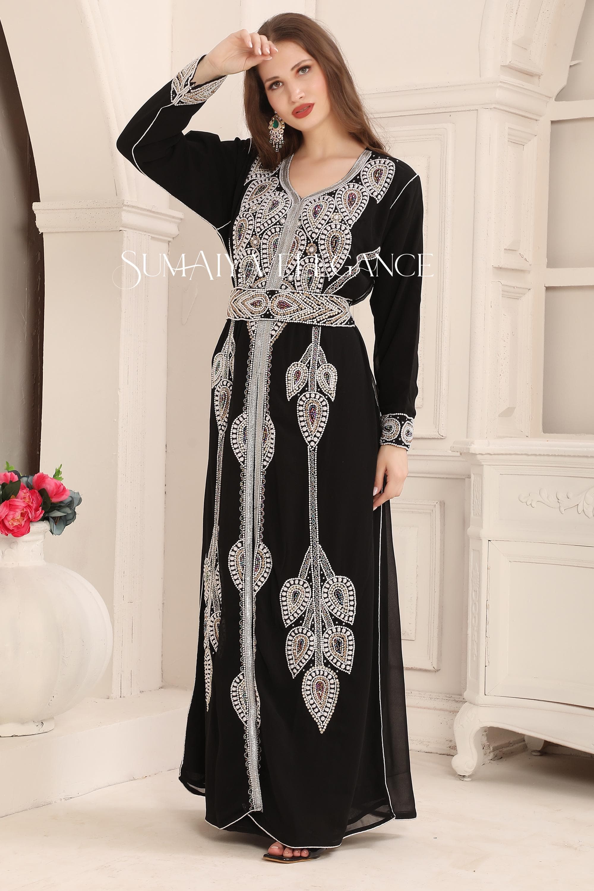 Embellished Silver Detailing Georgette Moroccan Kaftan with Matching Headscarf, Arabic Party Wear - image 5