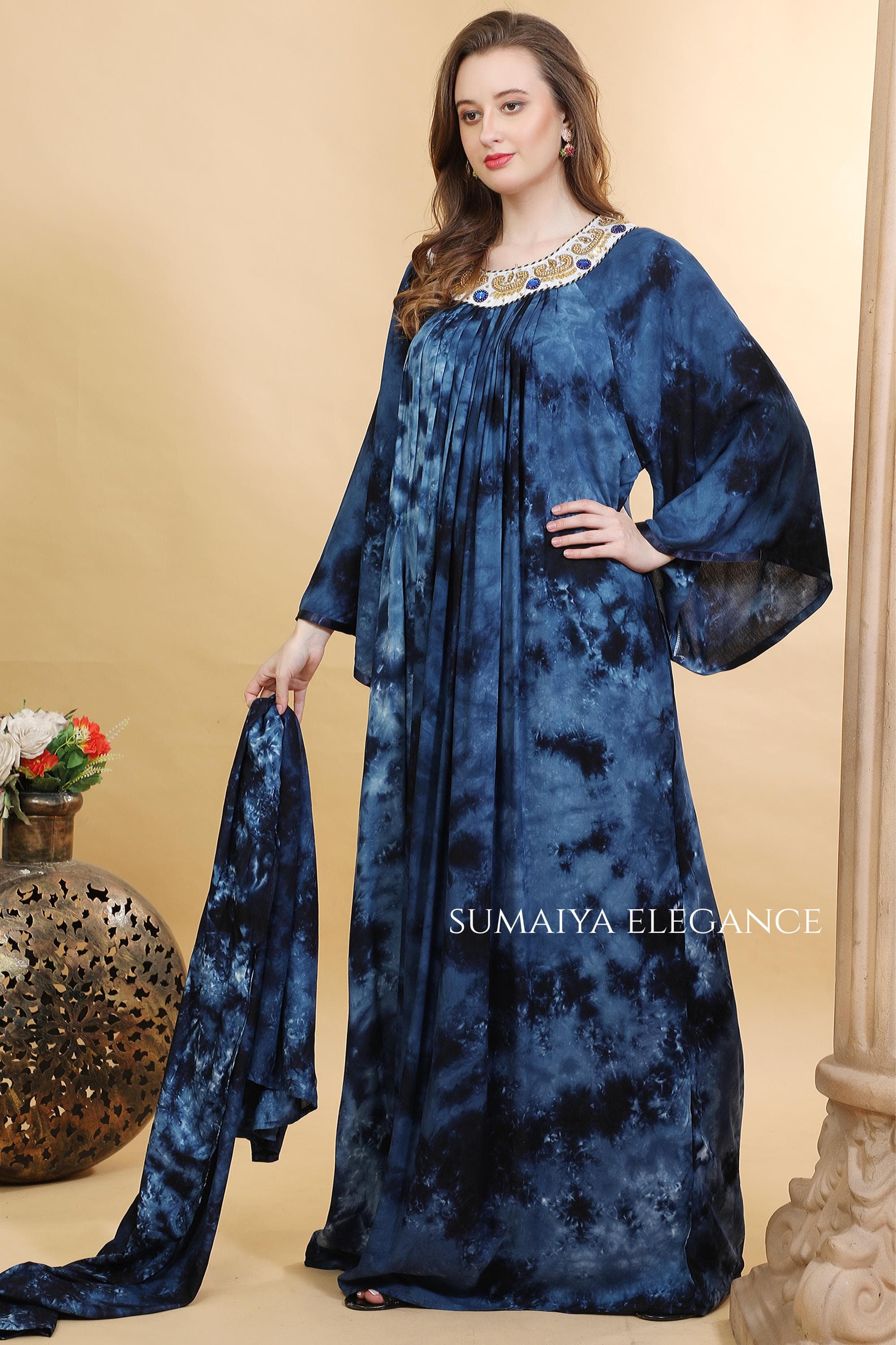 Tie Dye Kaftan Dress, Embroidered Round Neck Farasha, Flowy Pleated Maxi Kaftan, Bell Sleeve Lounge Dress - image 4