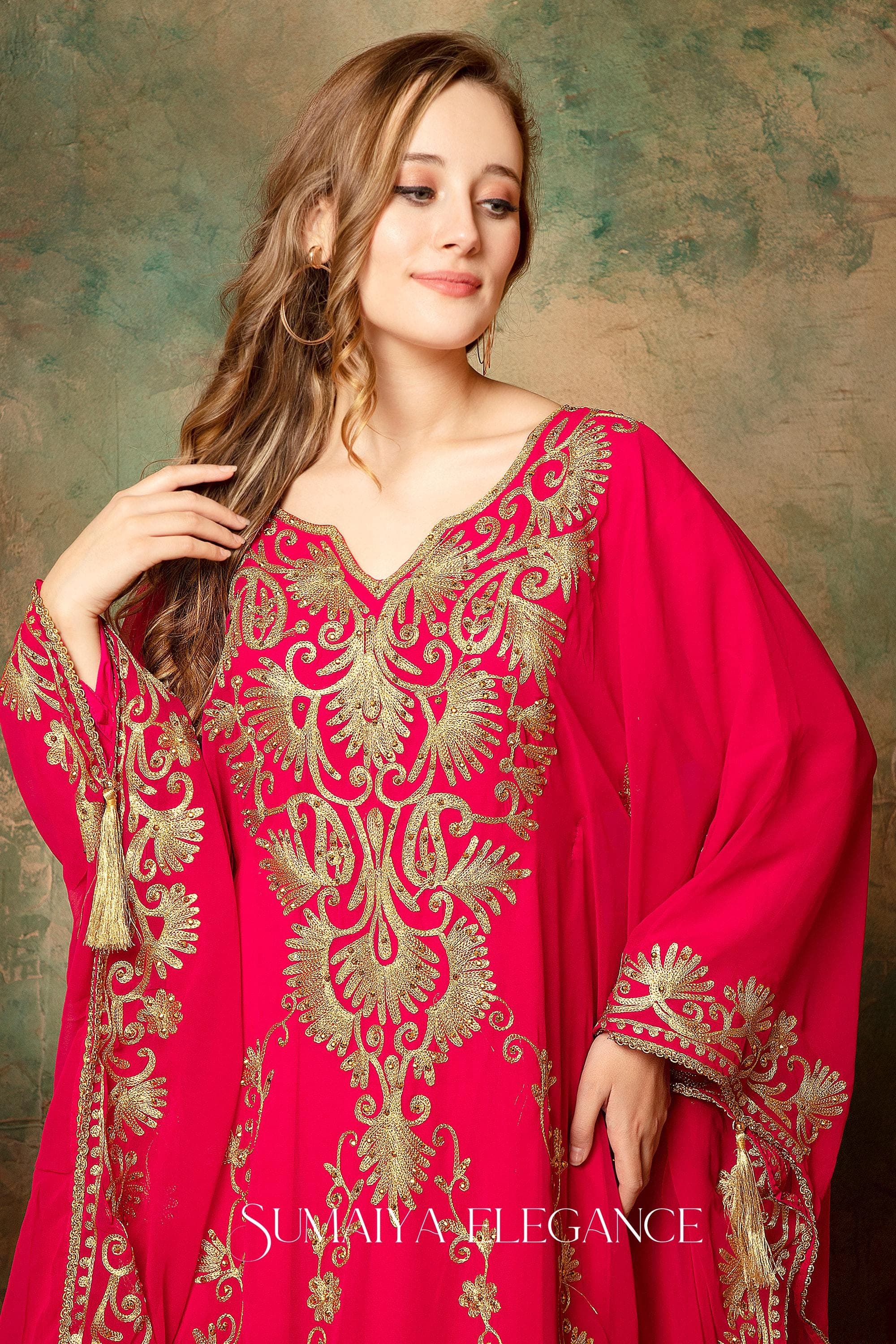 Golden Aari Embroidered Dubai Caftan Abaya Dress with Head Scarf - image 3