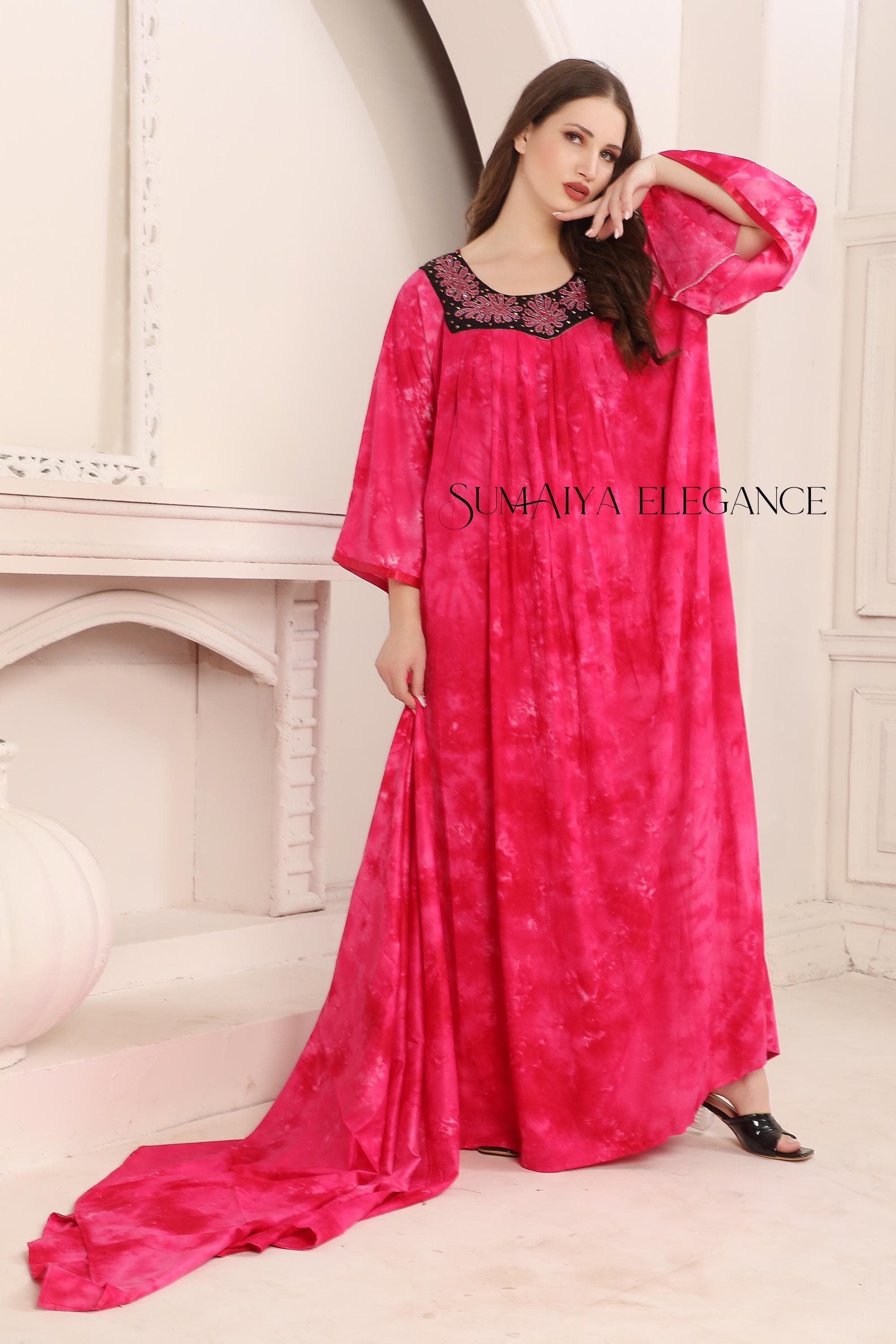 Handmade Tie Dye Kaftan Dress: Embroidered Neckline, Matching Scarf - image 4