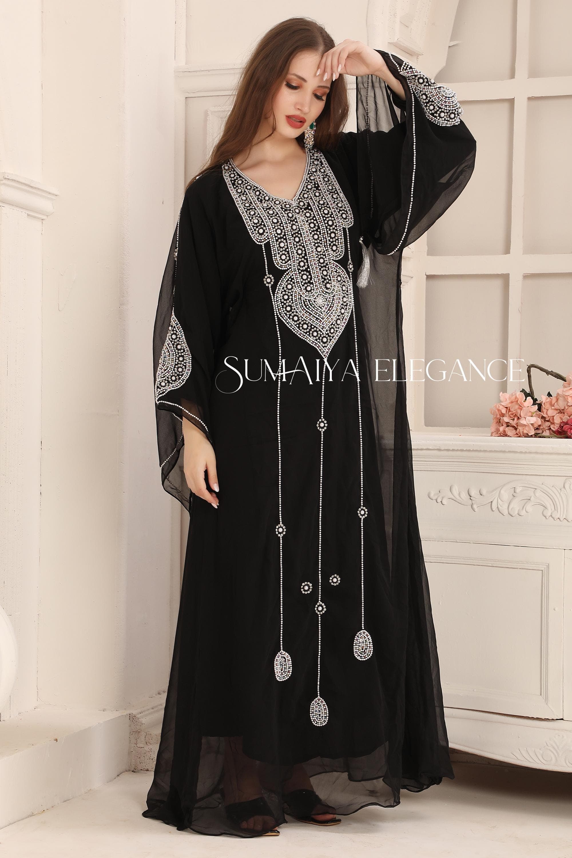 Hand Beaded Kaftan Abaya Gown with Scarf - image 4