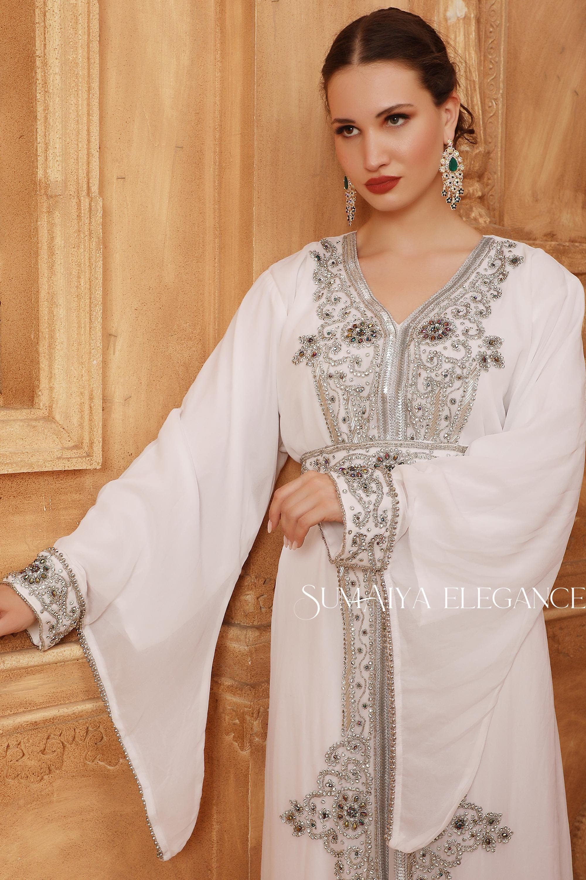 Hand Embellished Moroccan Kaftan Abaya, Arabic Wedding Dress with Scarf - image 3