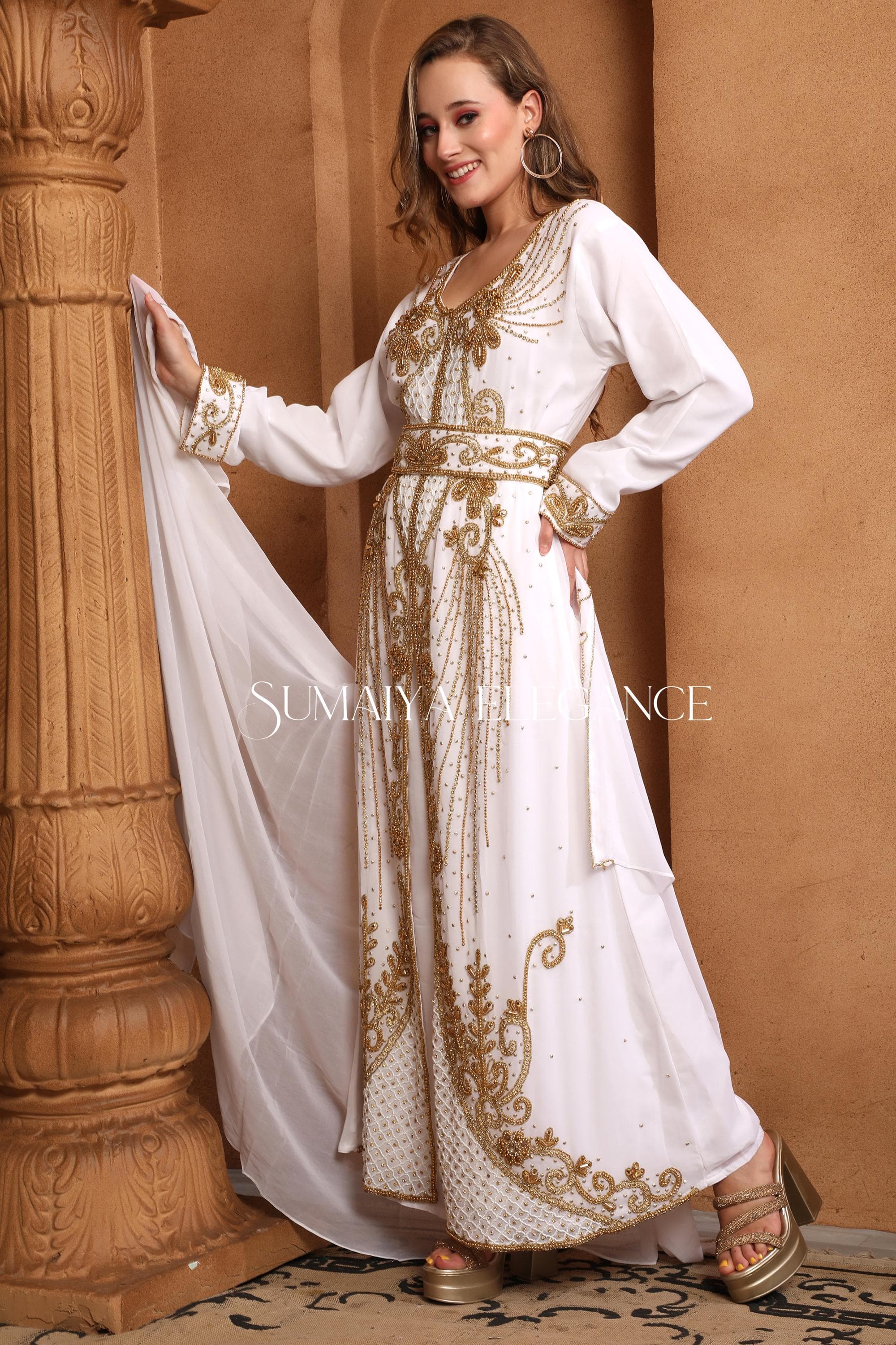 Golden Beaded Georgette Kaftan with Scarf - Moroccan Takchita Dress - image 5