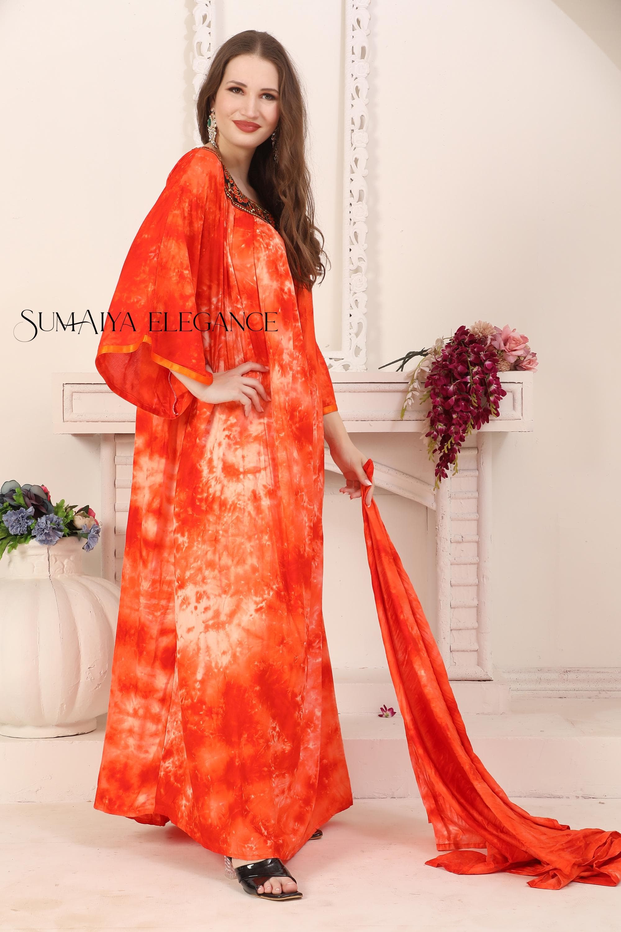Embroidered Tie-Dye Kaftan Dress with Matching Scarf - image 5
