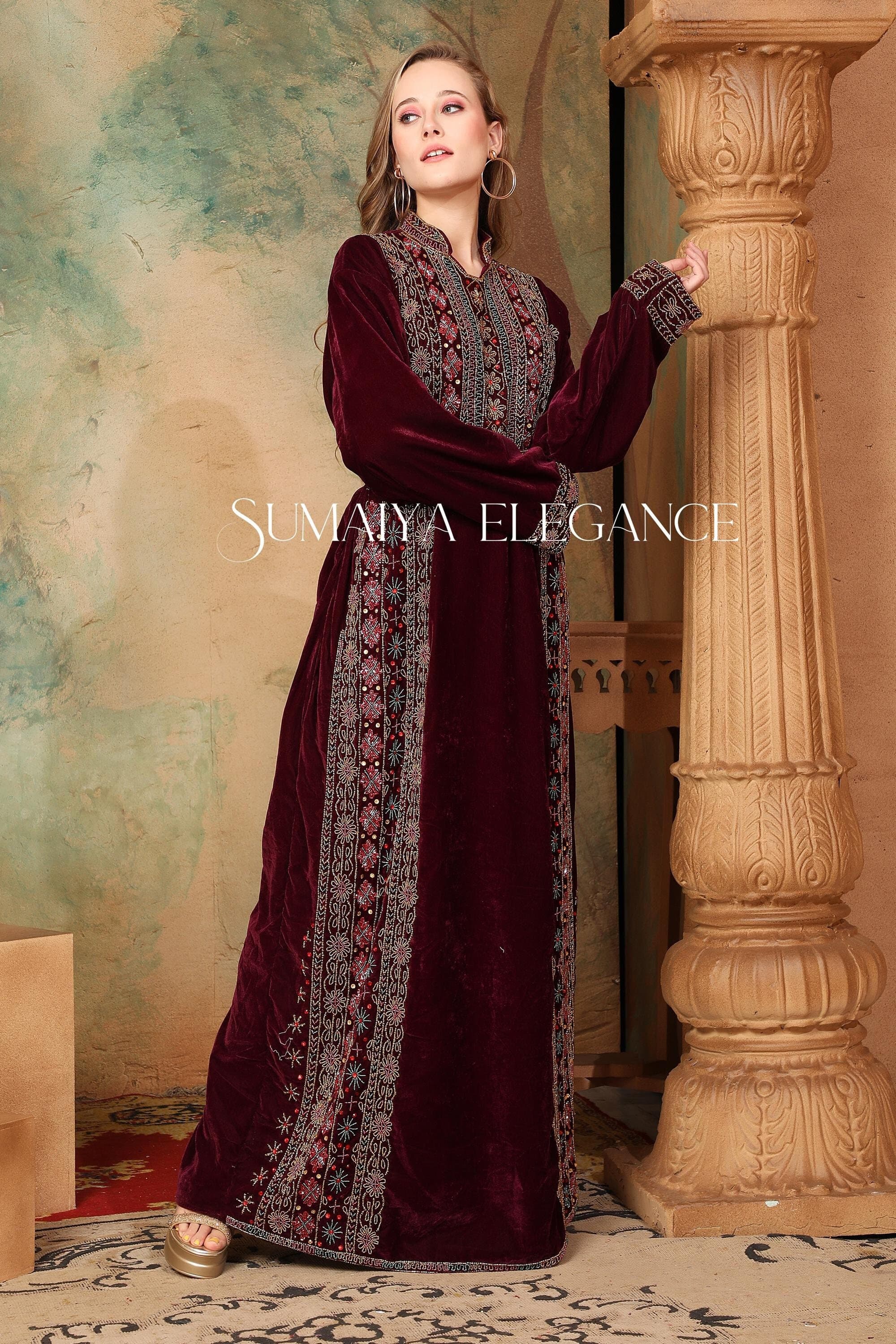 Embroidered Velvet Kaftan Gown: Hand-Beaded Moroccan Abaya Dress