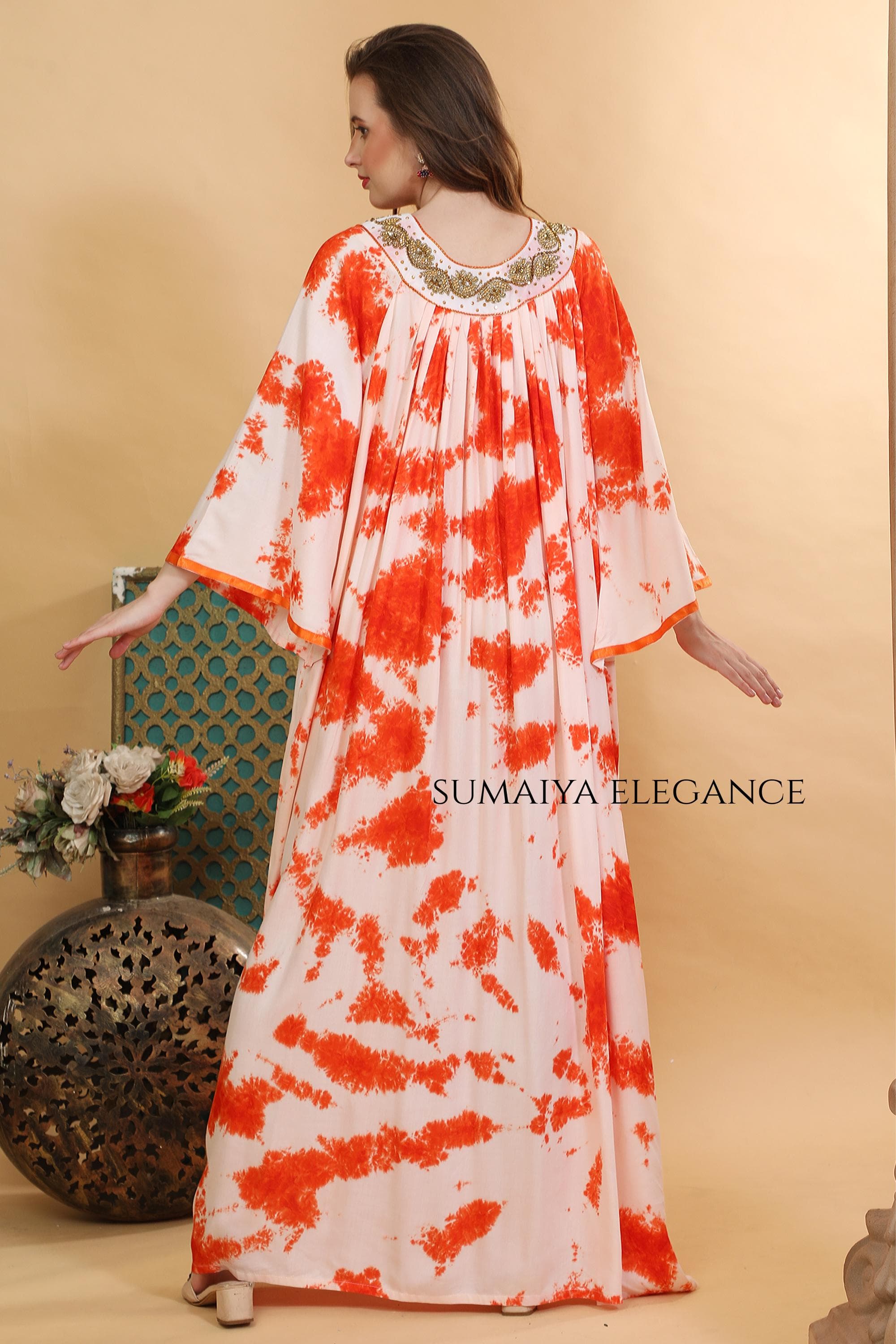 Embellished Round Neck Kaftan, Hand Beaded Maxi Dress, Loose Fit Boho Summer, Elegant Lounge Kaftan - image 5