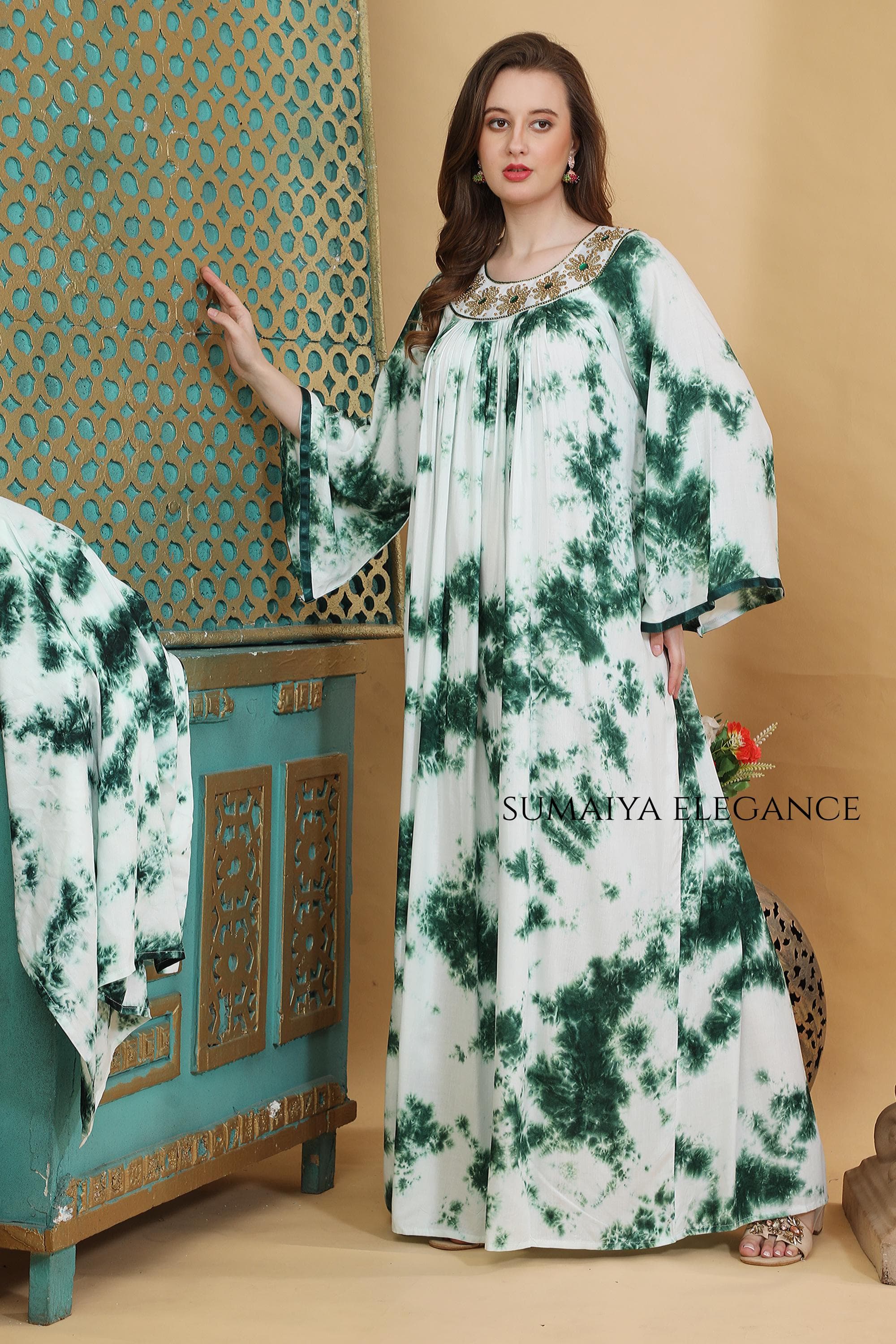 Hand Dyed Kaftan Maxi Dress Embellished Neckline Caftan Boho Resort Wear Flowy Lounge Dress Elegant Loose Fit