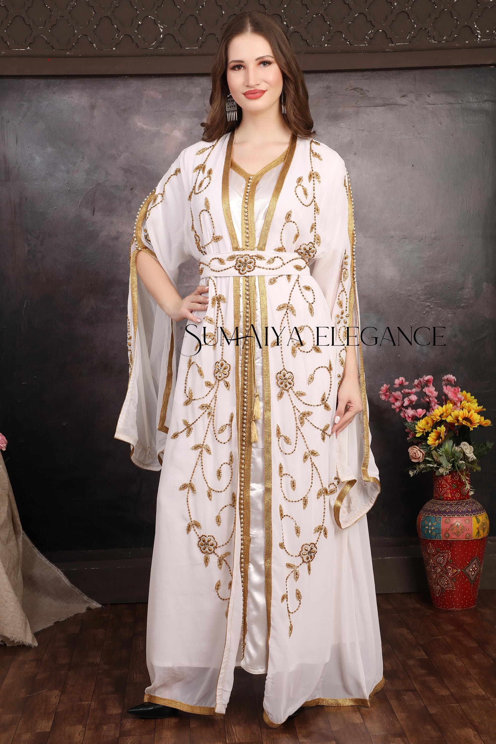 White and Gold Islamic Kaftan, Hand Beaded Moroccan Wedding Maxi Georgette Dress with Hijab