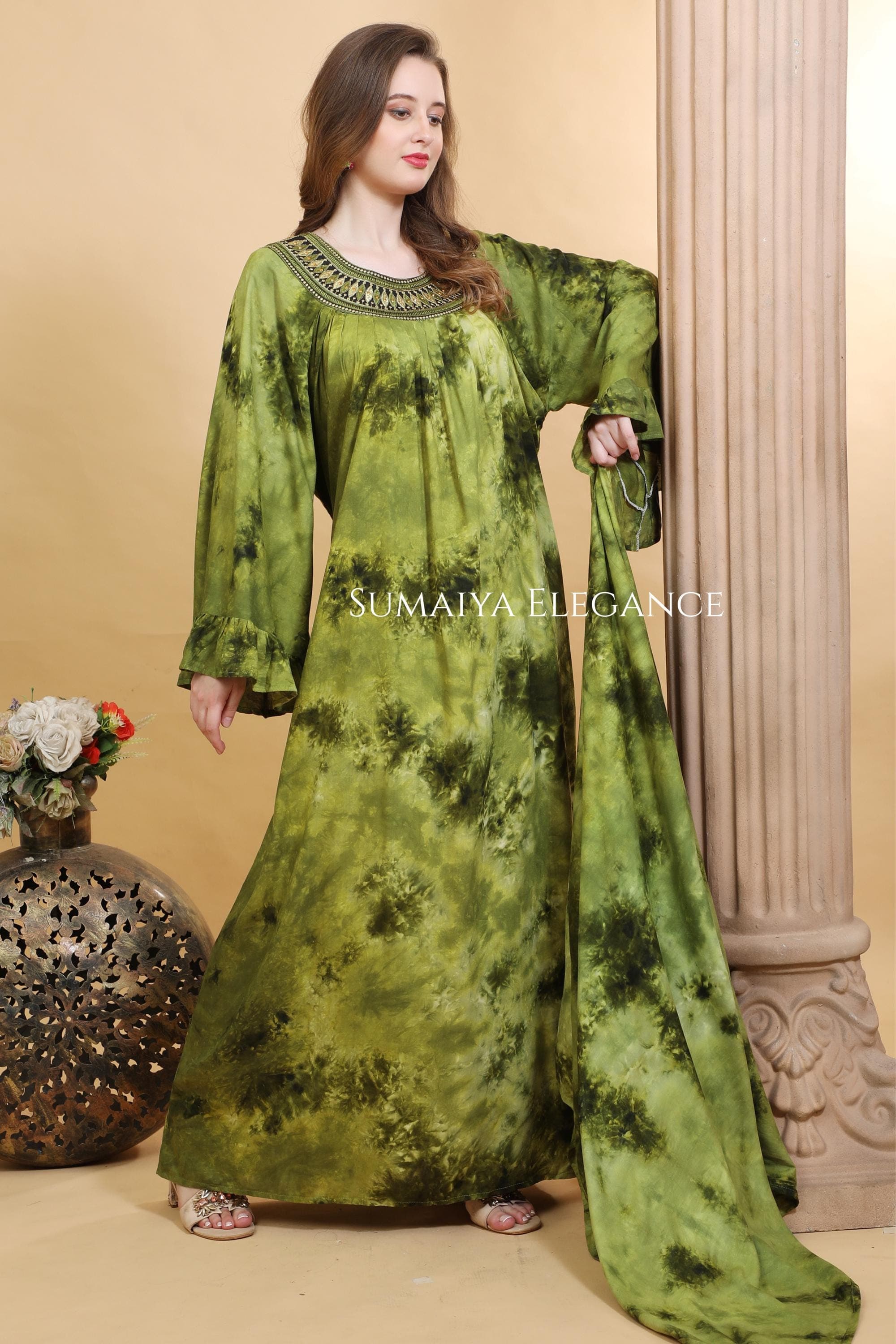 Handmade Long Caftan Set | Embellished Neckline Moroccan Abaya | Elegant Ruffle Sleeve Evening Resort Wear - image 3