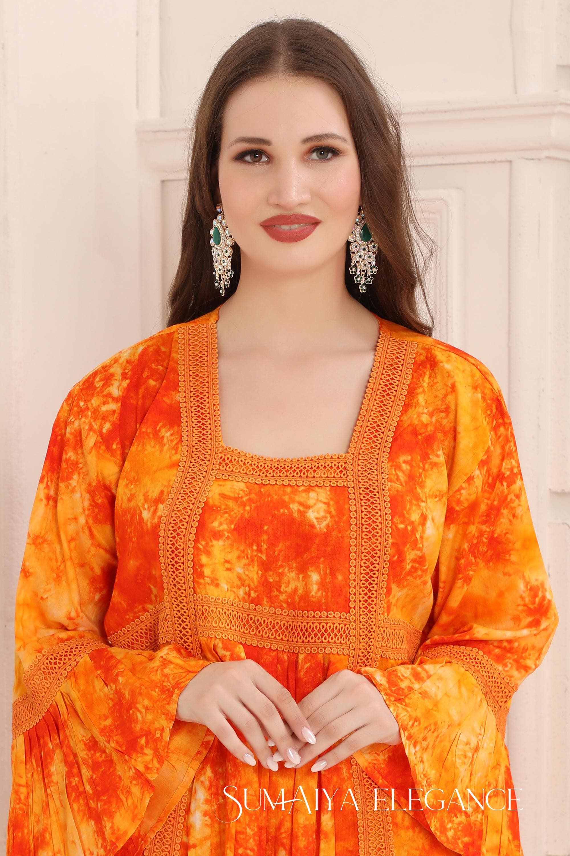 Orange Embroidered Kaftan Dress with Lace & Head Scarf - image 3