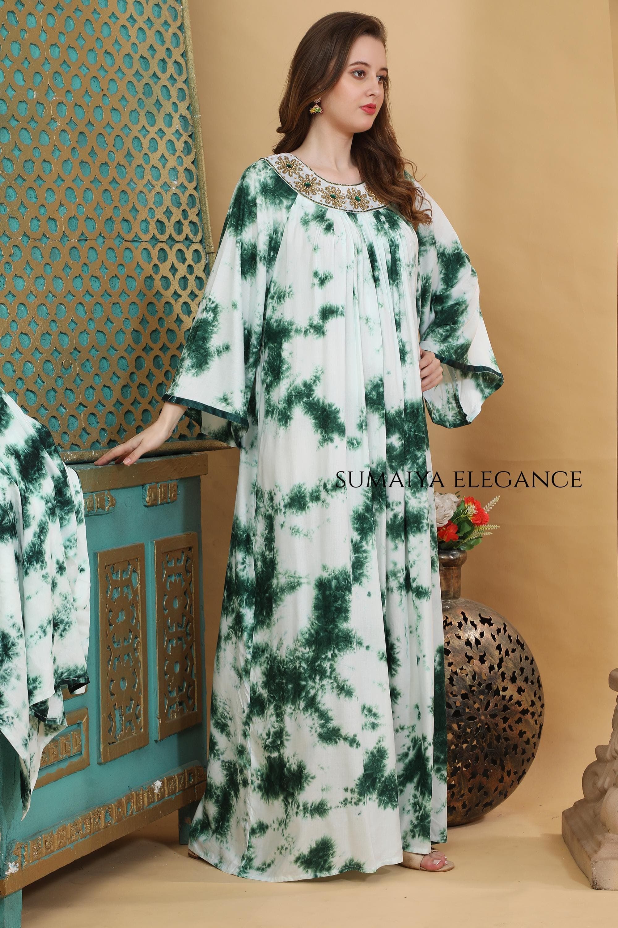Hand Dyed Kaftan Maxi Dress Embellished Neckline Caftan Boho Resort Wear Flowy Lounge Dress Elegant Loose Fit - image 3