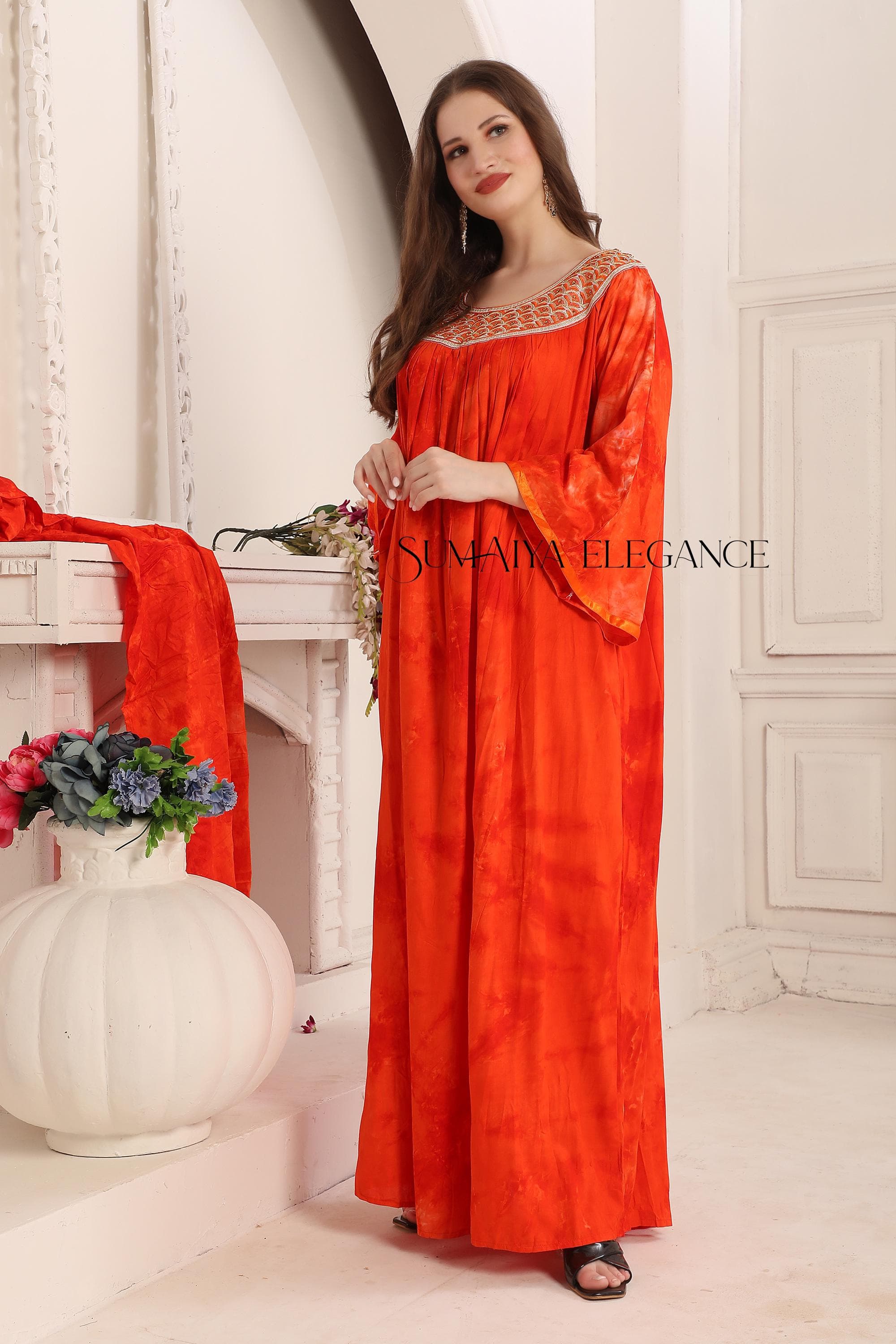 Hand Embroidered Rayon Cotton Kaftan Dress with Scarf - image 5
