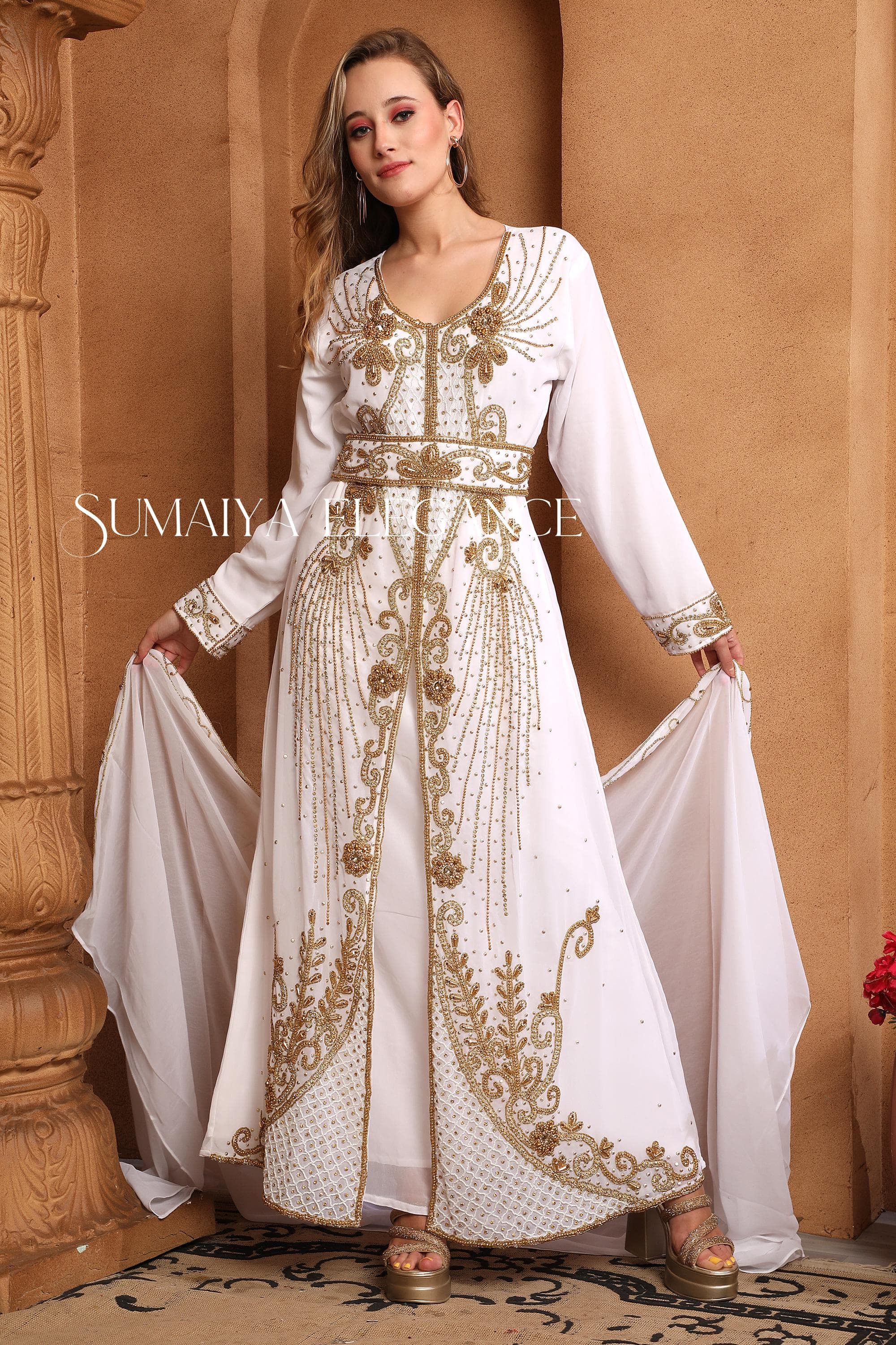 Golden Beaded Georgette Kaftan with Scarf - Moroccan Takchita Dress
