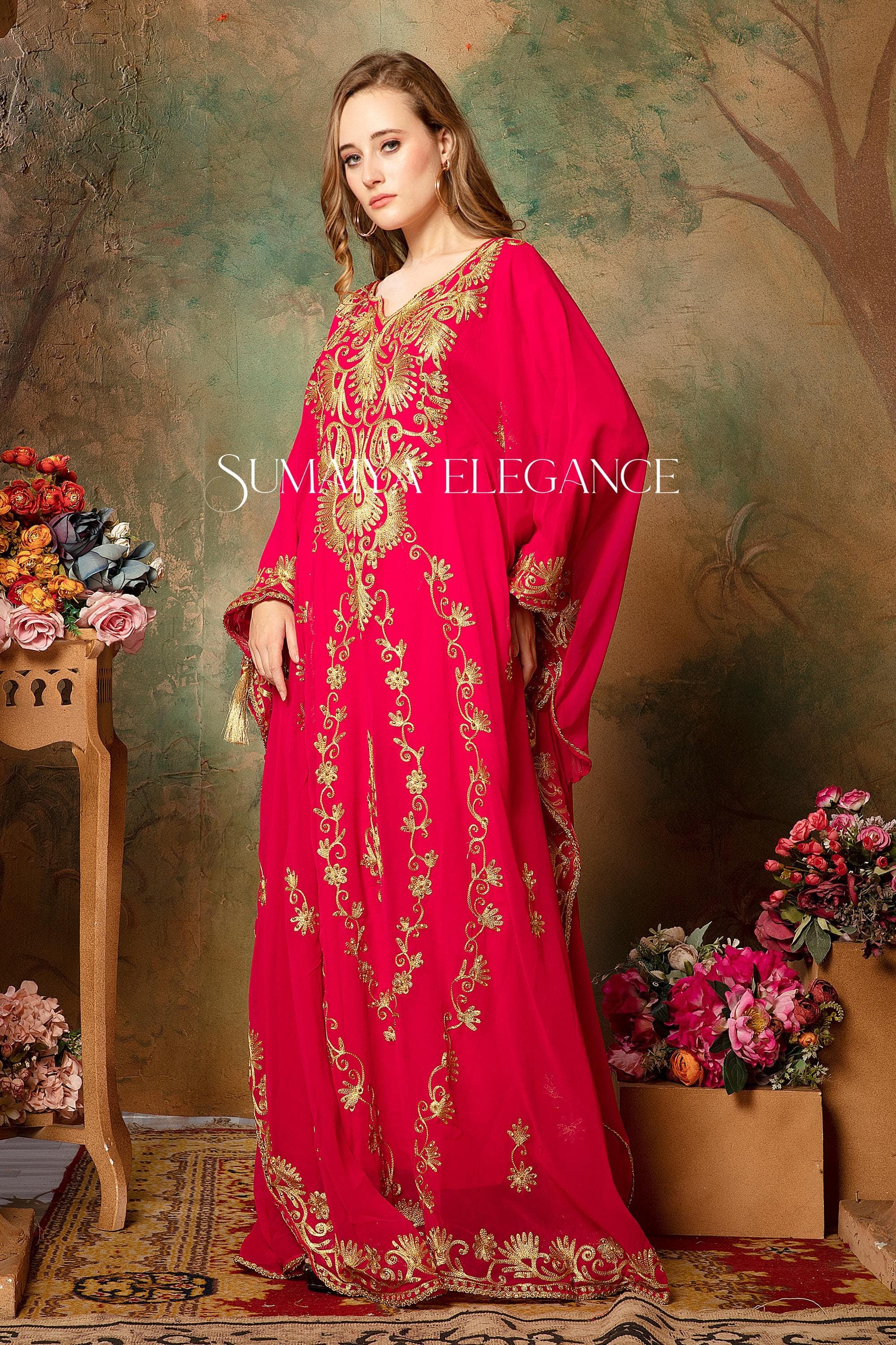 Golden Aari Embroidered Dubai Caftan Abaya Dress with Head Scarf - image 5