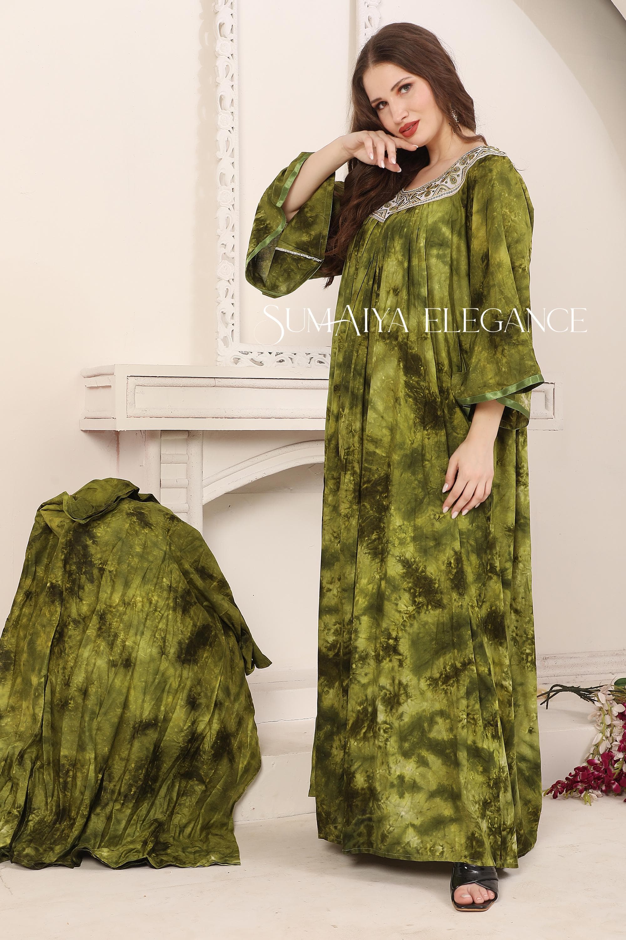 Handmade Rayon Kaftan Dress with Embroidered Neckline and Scarf - image 5