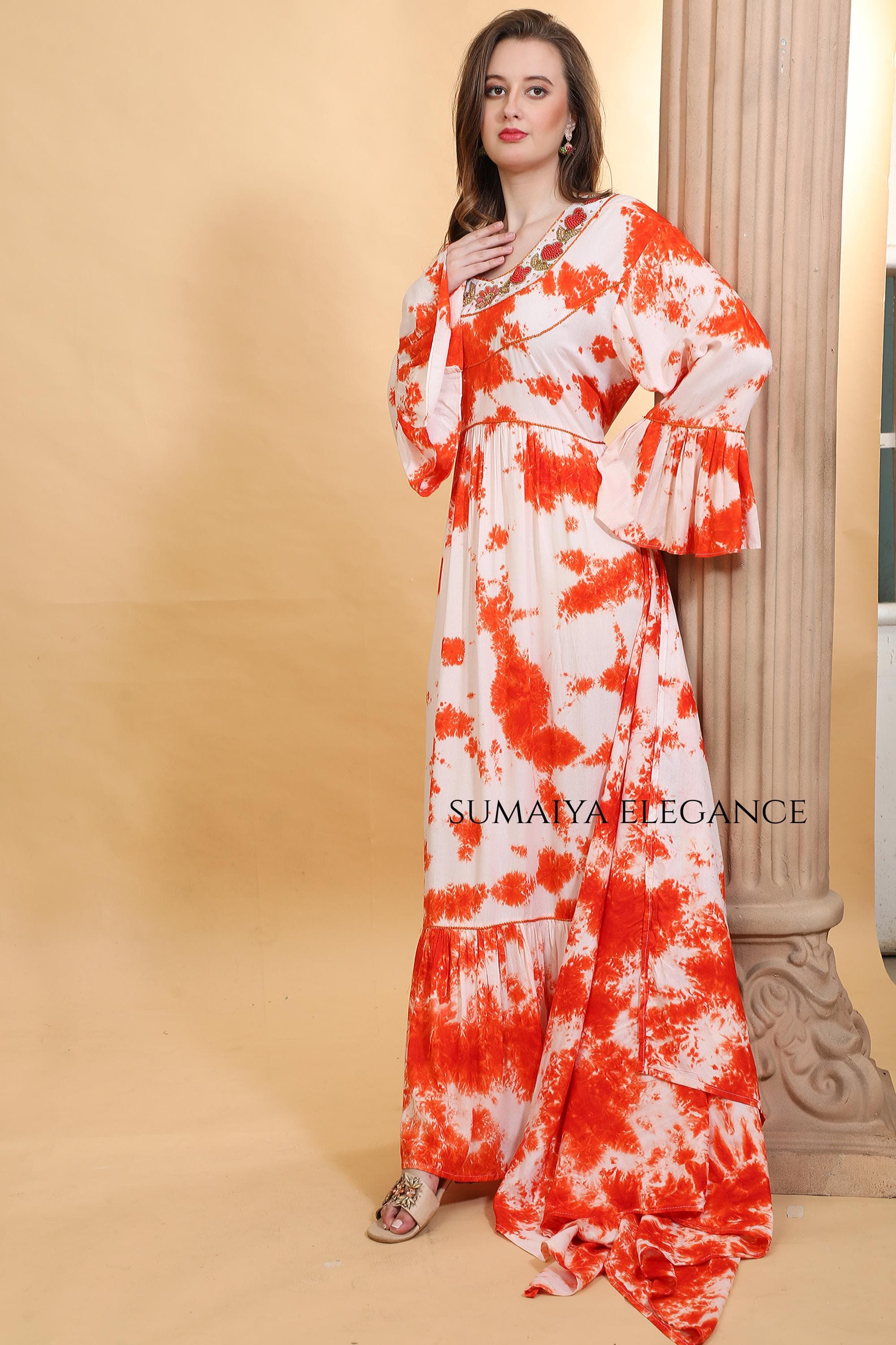 Hand Embroidered Neck Maxi Kaftan Dress, Flowy Sleeve Farasha, Modest Boho Long Dress, Loose Fit Resort Wear for Women - image 4