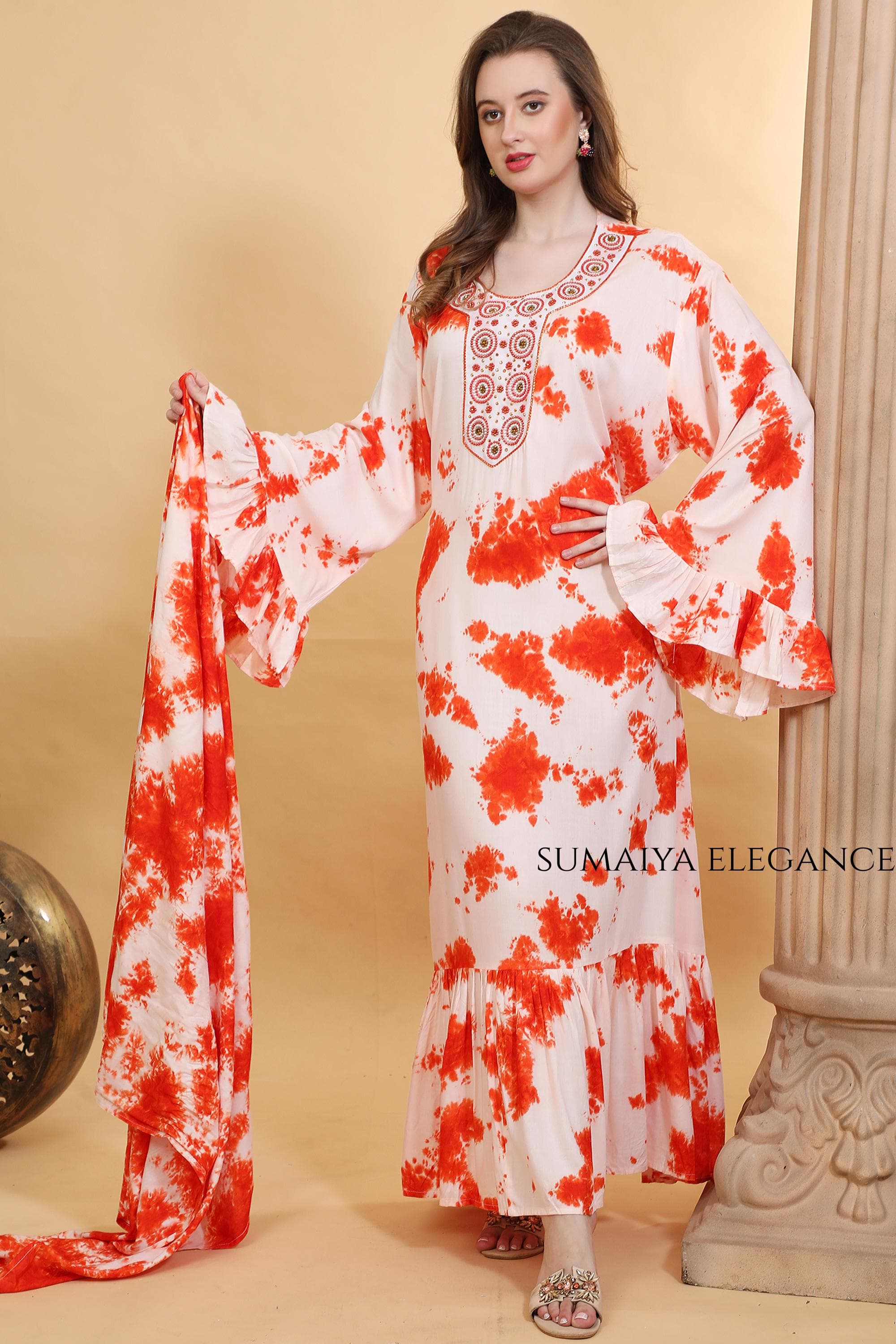 Bohemian Summer Caftan with Statement Sleeves, Elegant Embroidered Beach Gown, Flowy Vacation Maxi Dress, Romantic Ruffle Detail Long Dress - image 3