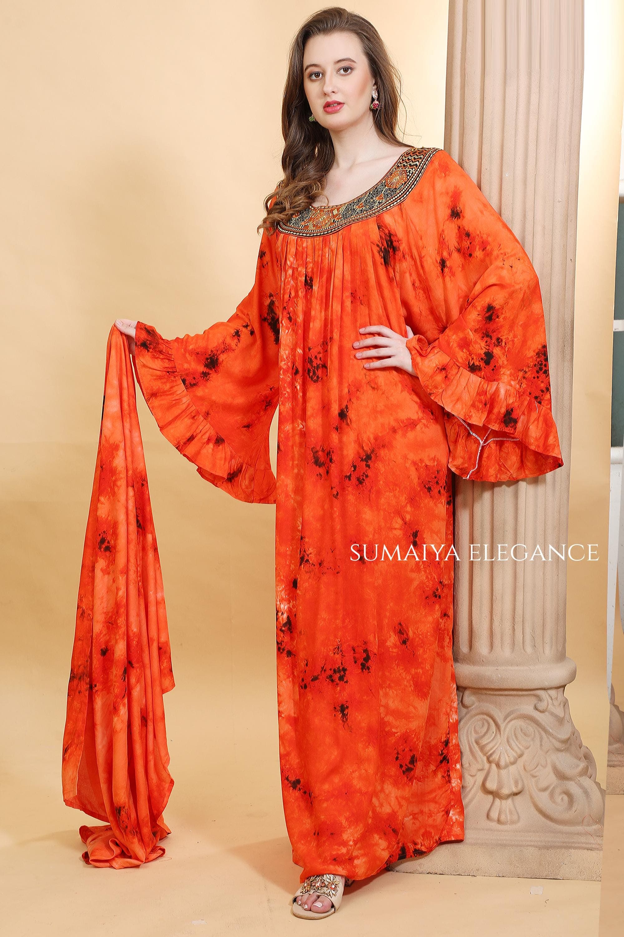 Hand Embroidered Neck Kaftan Dress with Flowy Sleeves, Loose Fit Maxi Loungewear, Modest Boho Farasha Style Dress - image 3
