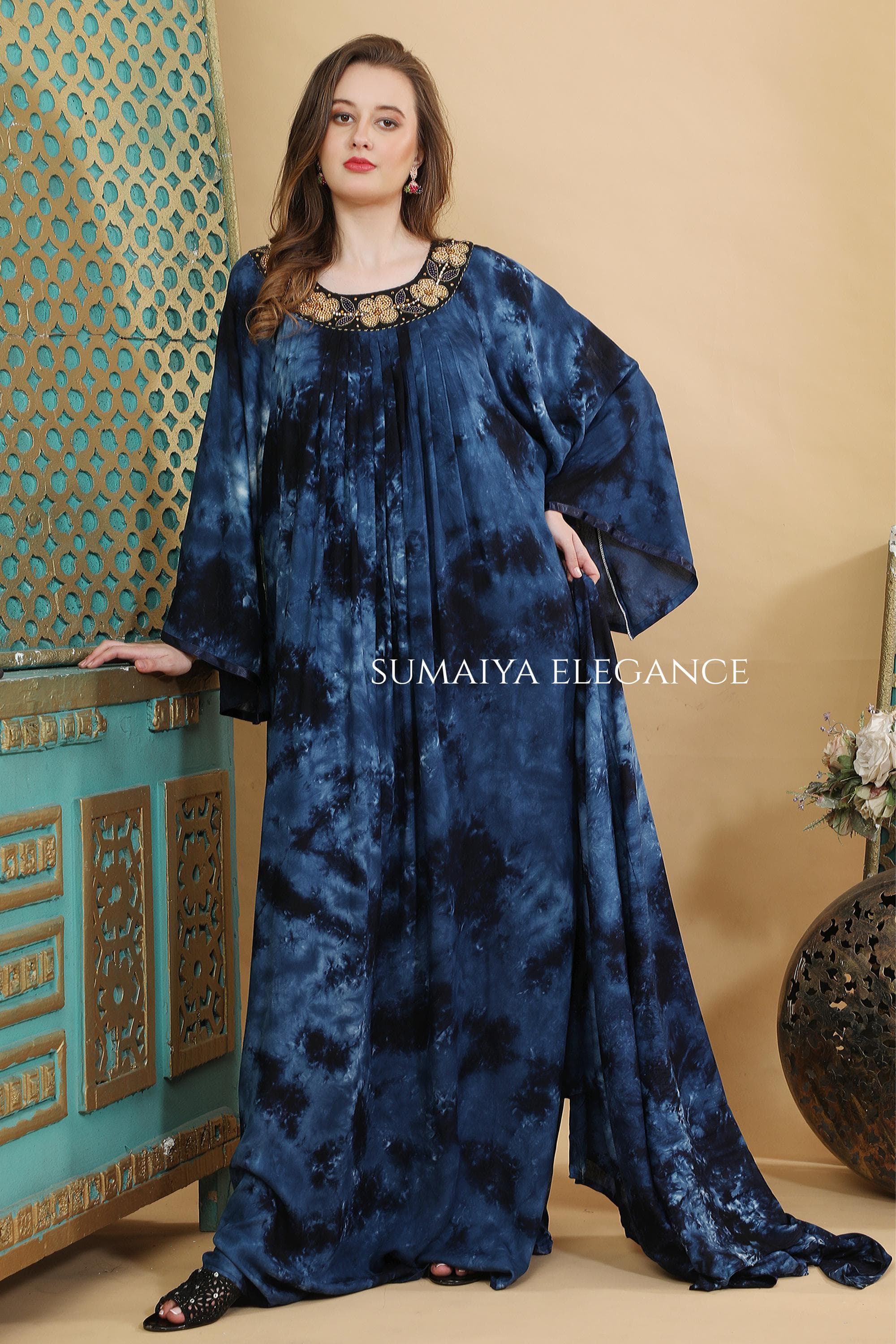 Kaftan Maxi Abaya Dress with Embroidered Neckline, Plus Size Loose Fit Gown, Modest Evening Party Dress